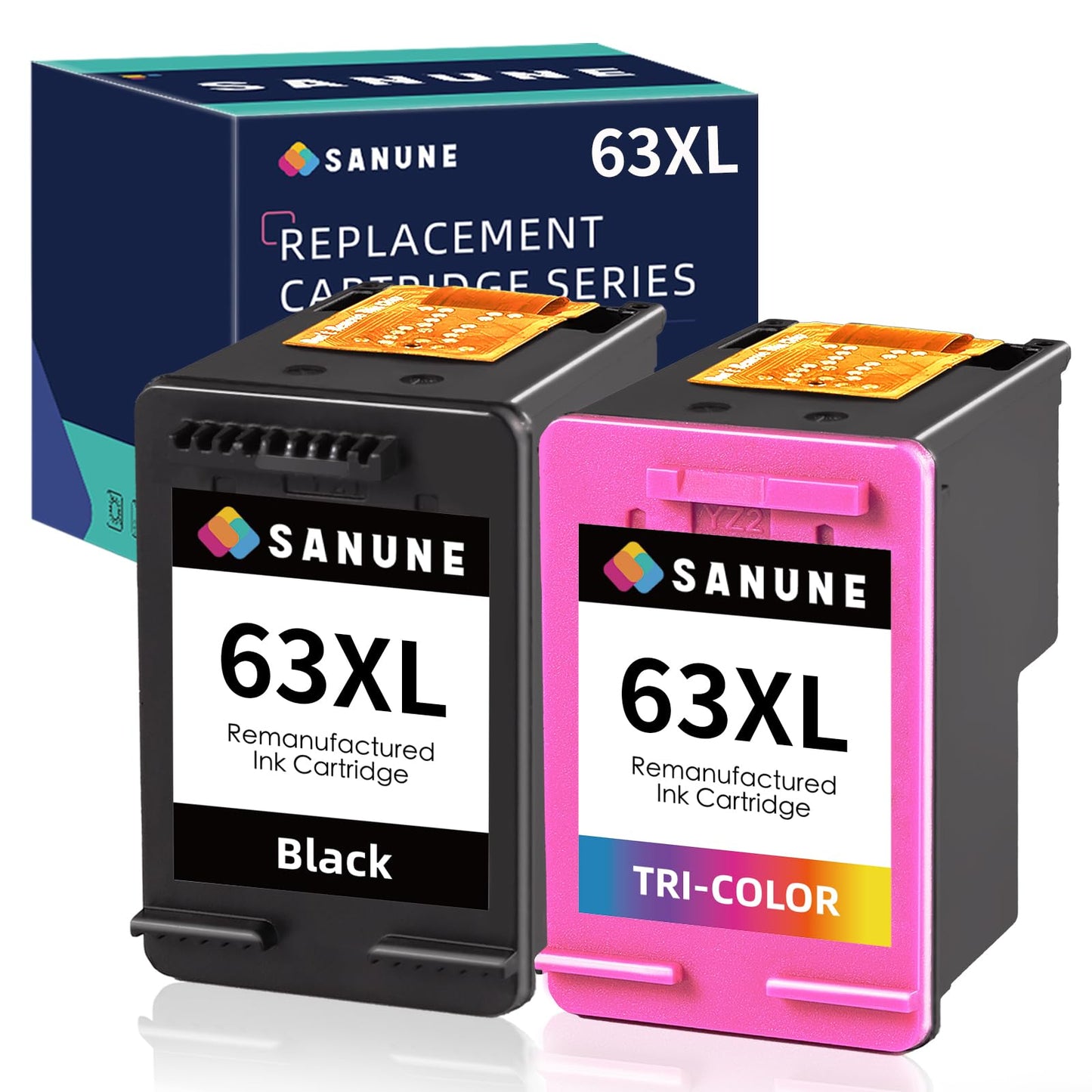 SANUNE 63XL Ink Cartridges Remanufactured for HP 63 63XL Ink Cartridge Combo Pack for HP Officejet 3830 4650 5255 5258 4652 4655 Envy 4520 4512 Deskjet 2130 2132 Printer (1 Black, 1 Tri-Color)
