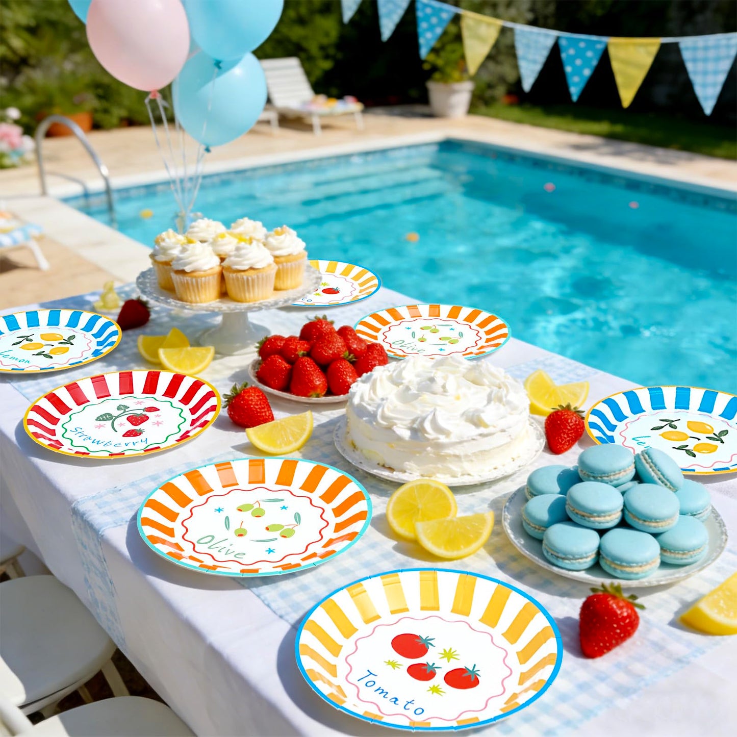 AnyDesign 40Pcs Italian Summer Paper Plates Party Plates 9 Inch Cute Fruit Striped Disposable Dinner Dessert Plate for Birthday Baby Shower Party Supplies