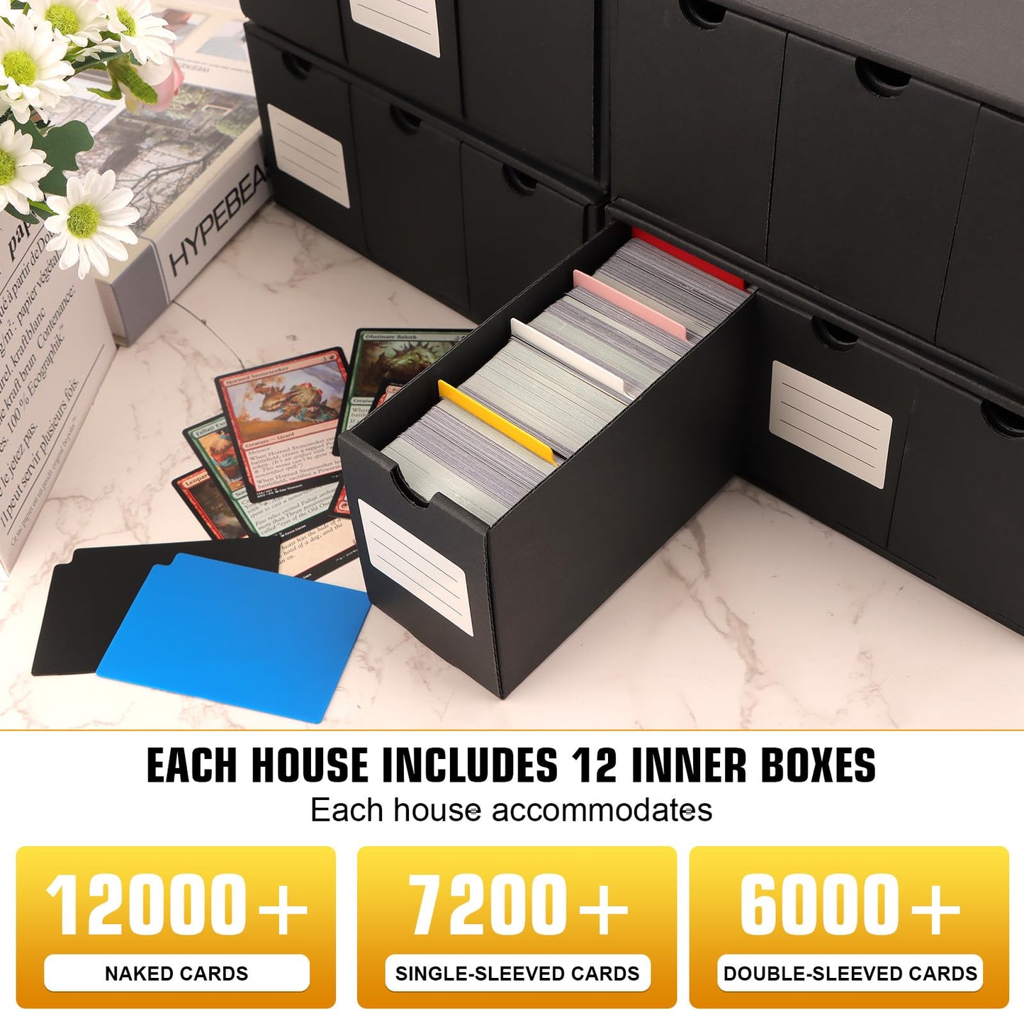 QLOUNI Trading Card Storage Box, Includes 12-600 CT Boxes & 48 Card Dividers, 12000+ Trading Card Organizer for Collectible Games, for TCG, YuGiOh, MTG, PTCG (12-600 CT Boxes)