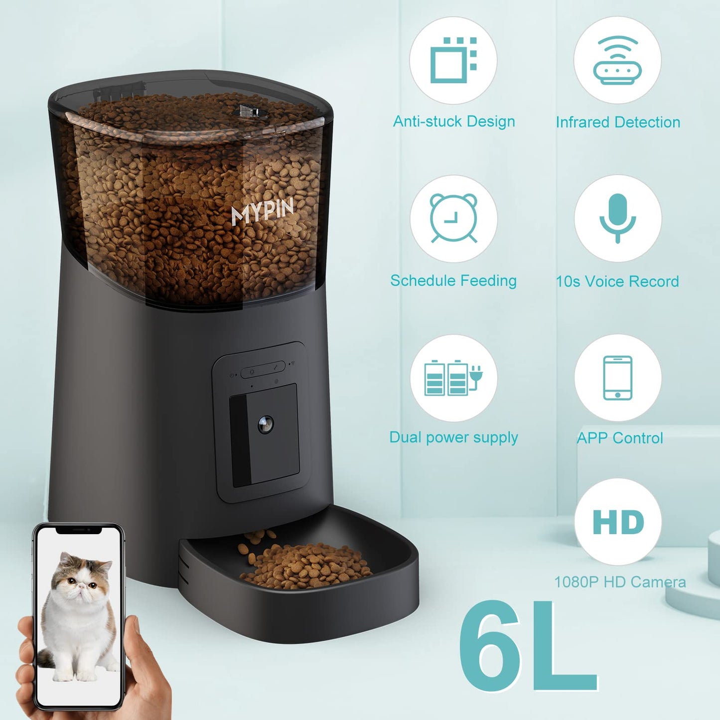 Video Automatic Pet Feeder with HD Camera, Food Dispenser for Cats and Dogs WiFi Smart Feeder with Camera 6L 2-Way Audio, Mobile Phone Control, Timed Feeder, Desiccant Bag Up to 8 Meals per Day… (Black)