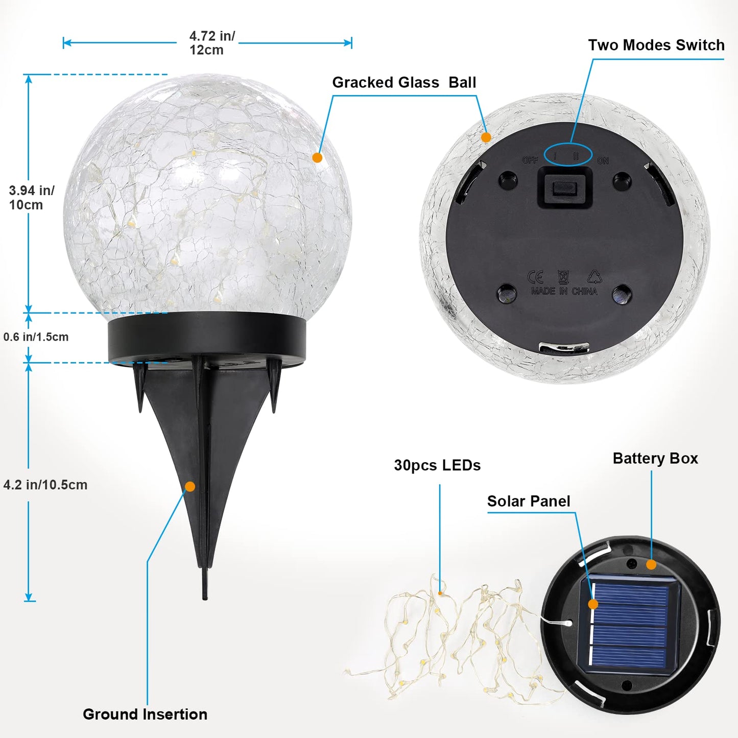 YWYWLED Solar Garden Lights - Two Lighting Modes 4.7’’ Cracked Glass Solar Lights, 30 LEDs Solar Lights for Outside Garden Patio, Porch, Lawn, Yard Decorative (Warm White, 4 Globes)