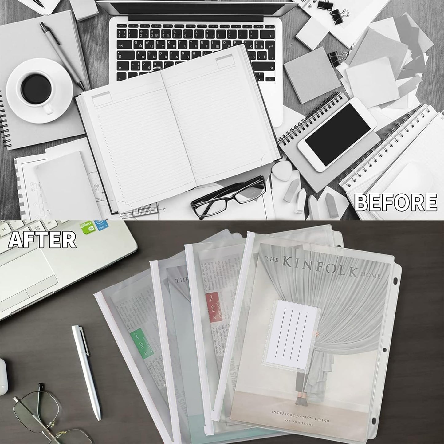 YoeeJob 50 Packs 3-Hole Clear Zipper Binder Pockets, Binder Insert Pages with Card Slots Suitable for School or Office to Organize Document, White Zippers