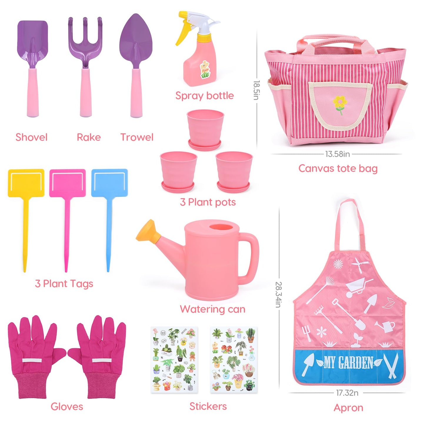 CUTE STONE Pink Kids Gardening Tool Set, Garden Toys W/Shovel, Rake, Trowel, Apron W/Pockets, Garden Tote Bag, Watering Can, DIY Stickers, Outdoor Backyard Digging Gift Toys for Boys Girls