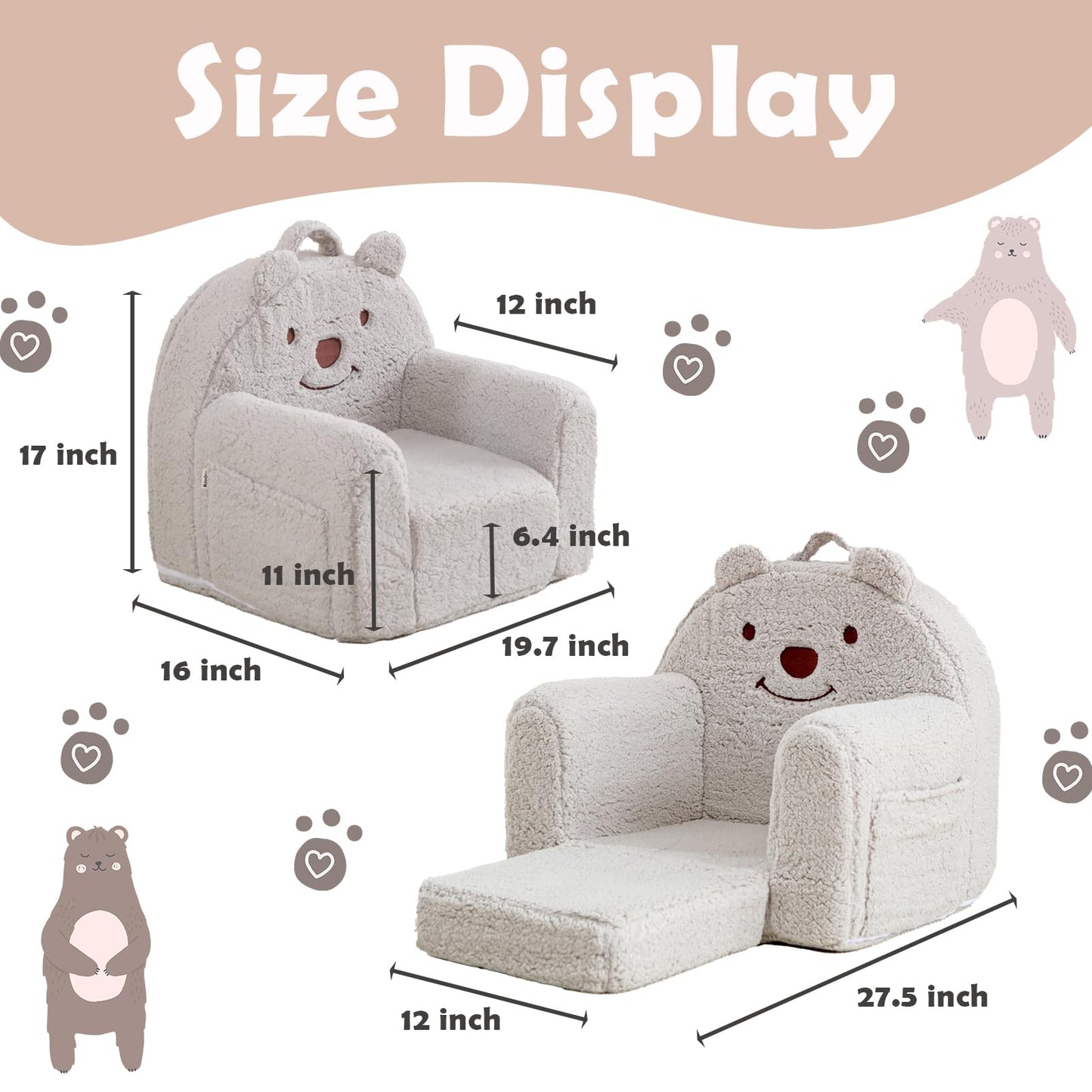 Kisdsa Toddler Chair,Sherpa Bear Toddler Couch Fold Out,Children Reading Chair,Flip Out Kids Couch,Kids Sofa Convertible for Age 1-3(Grey Bear)