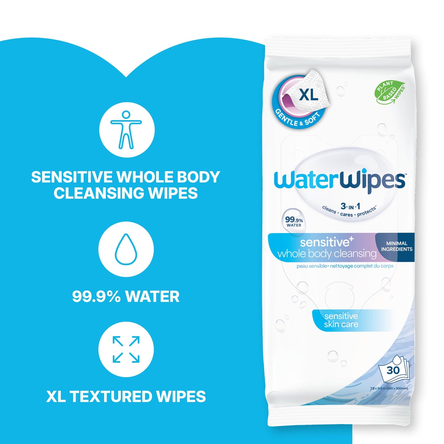 WaterWipes Adult Care Sensitive Body & Intimate Hygiene Wipes, 360 Wipes (12 Packs), Extra Large Textured, 99.9% Water-Based, For Everyday Personal Uses