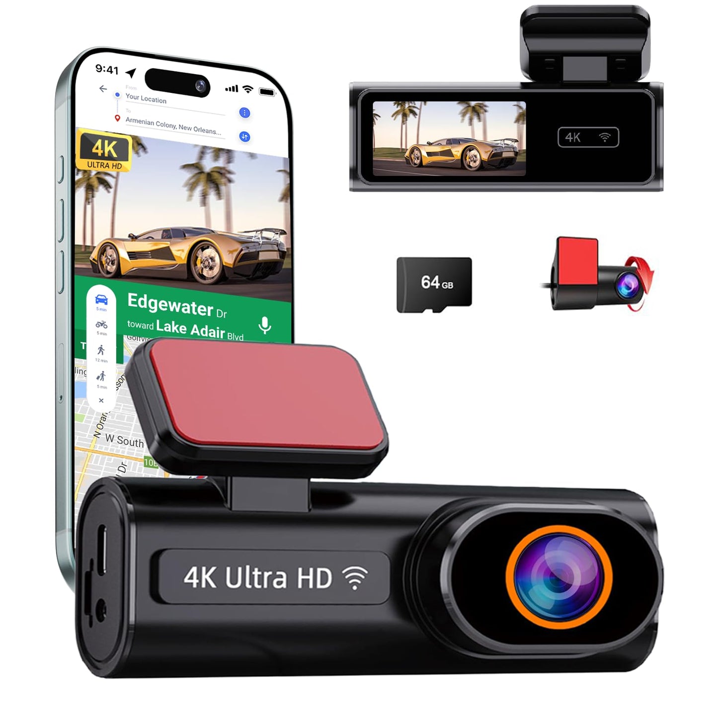 4K Dash cam, Front and Rear Dash Camera for Cars with Free 64GB Card, 170°Wide Angle, G-Sensor, Night Vision, Loop Recording, Parking Mode