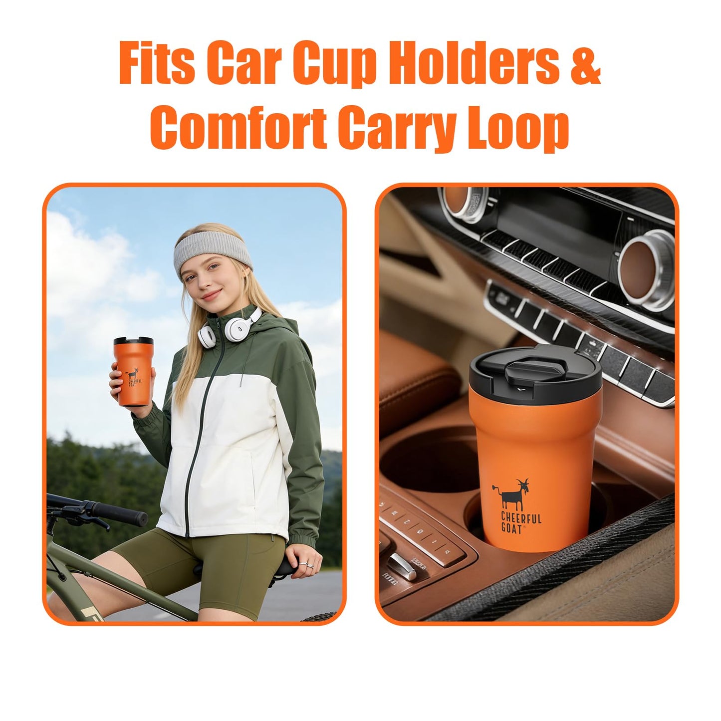 CHEERFUL GOAT Ceramic Lined Coffee Travel Mug – Stainless Steel Travel Coffee Tumbler with Ceramic Liner, with lid, 12oz Coffee Cup for Hot and Cold Water Coffee at Home, Office, or On the Go (Orange)