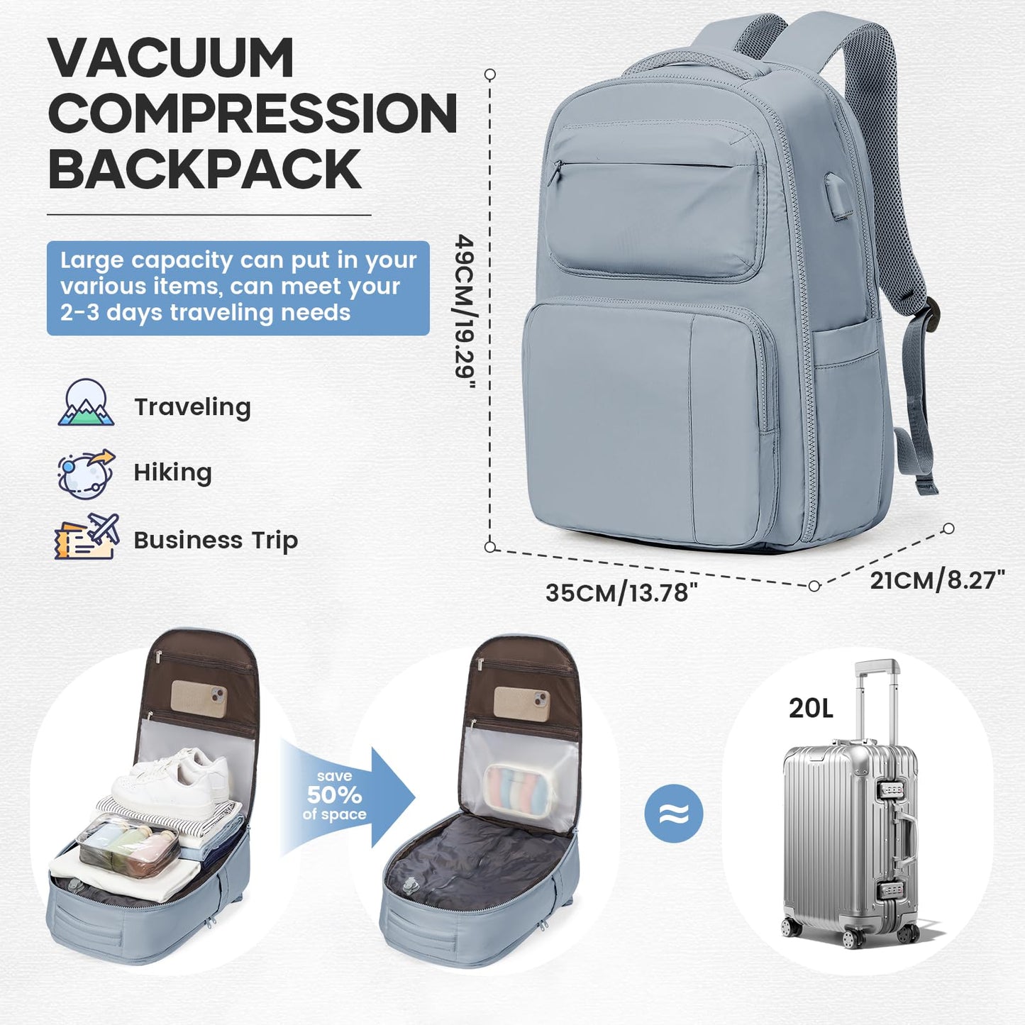 UPPACK Vacuum Backpack Travel with Pump Carry on Backpack Flight Approved Personal Item Travel Bag Airplane Compression Backpack for Travel with Vacuum System Blue