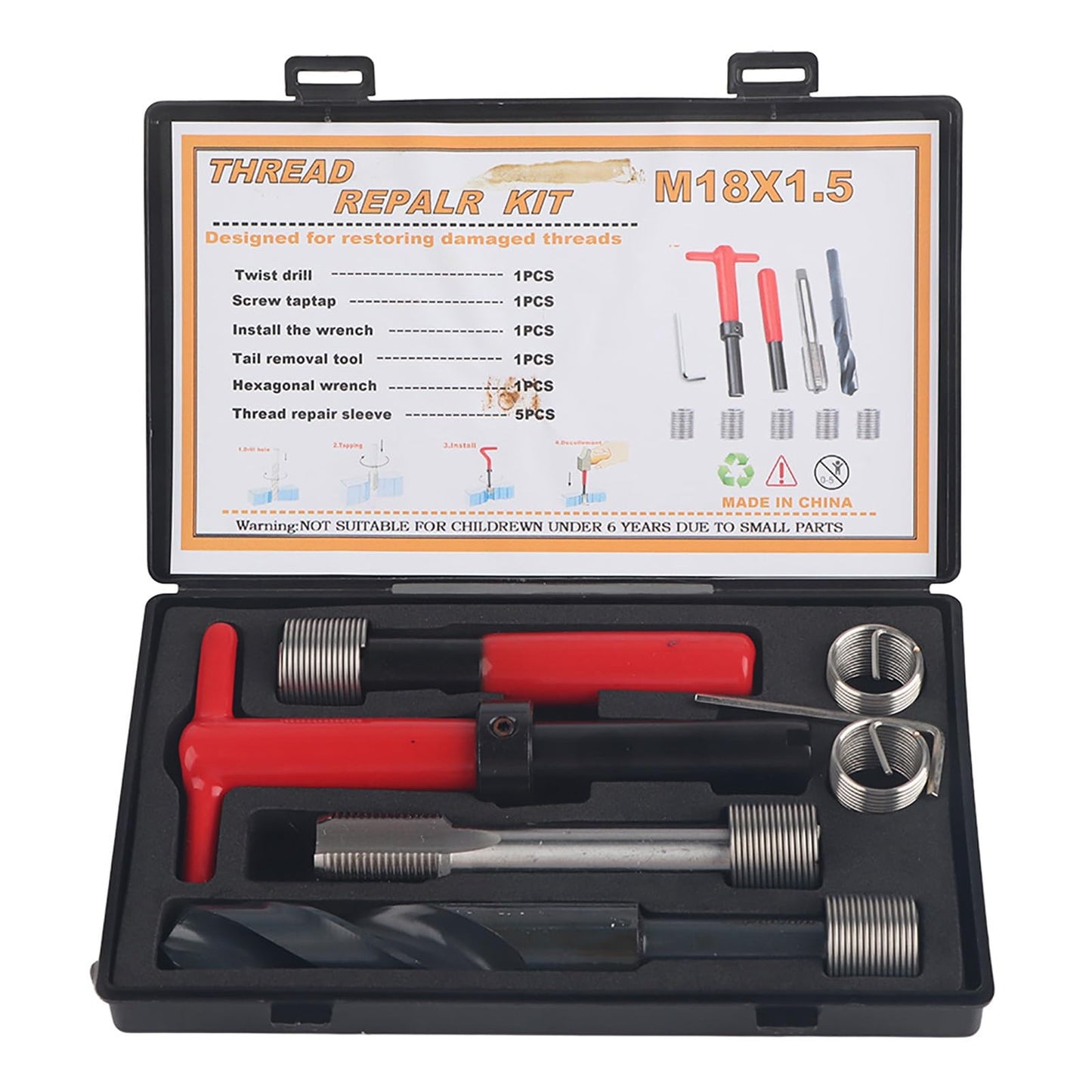 M18x1.5 Thread Repair Kit, 10 Pcs Portable Thread Chaser Set, Thread Metric Inserts Repair Kits Helicoil Thread Repair Kit, Compatible Hand Tool Set for Auto Repairing