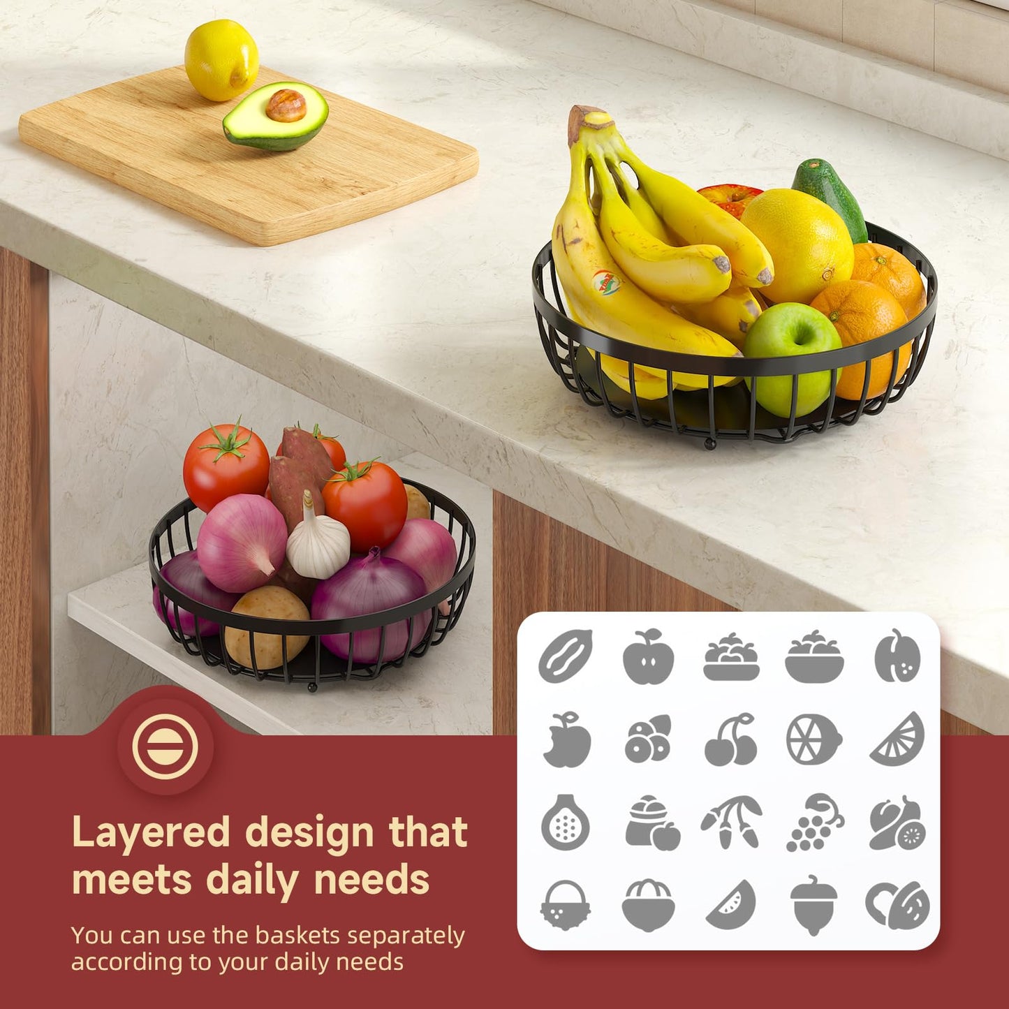 Sevenblue 2 Tier 2026 Large Fruit Basket for Kitchen Counter with 2 Banana Hangers, Detachable Metal Fruit Bowl, Stackable Fruit Holder for Bread Snack Veggies, Black Extra Large