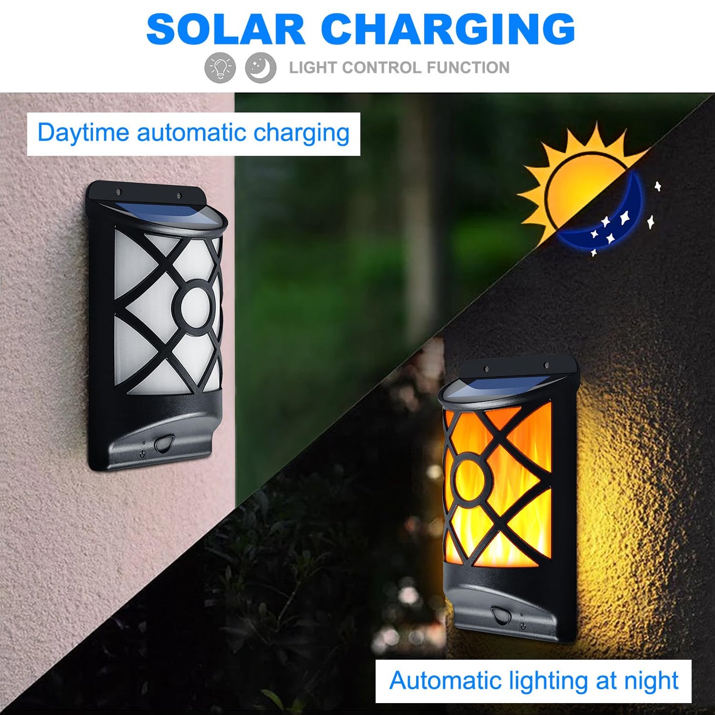 LazyBuddy Solar Wall Lights Outdoor - 66 LED Flickering Flame Wall Mount Lanterns, IP65 Waterproof Auto On/Off, Fire Effect Halloween Decoration Lighting for Garden, Fence, Patio, Deck (6 Pack)
