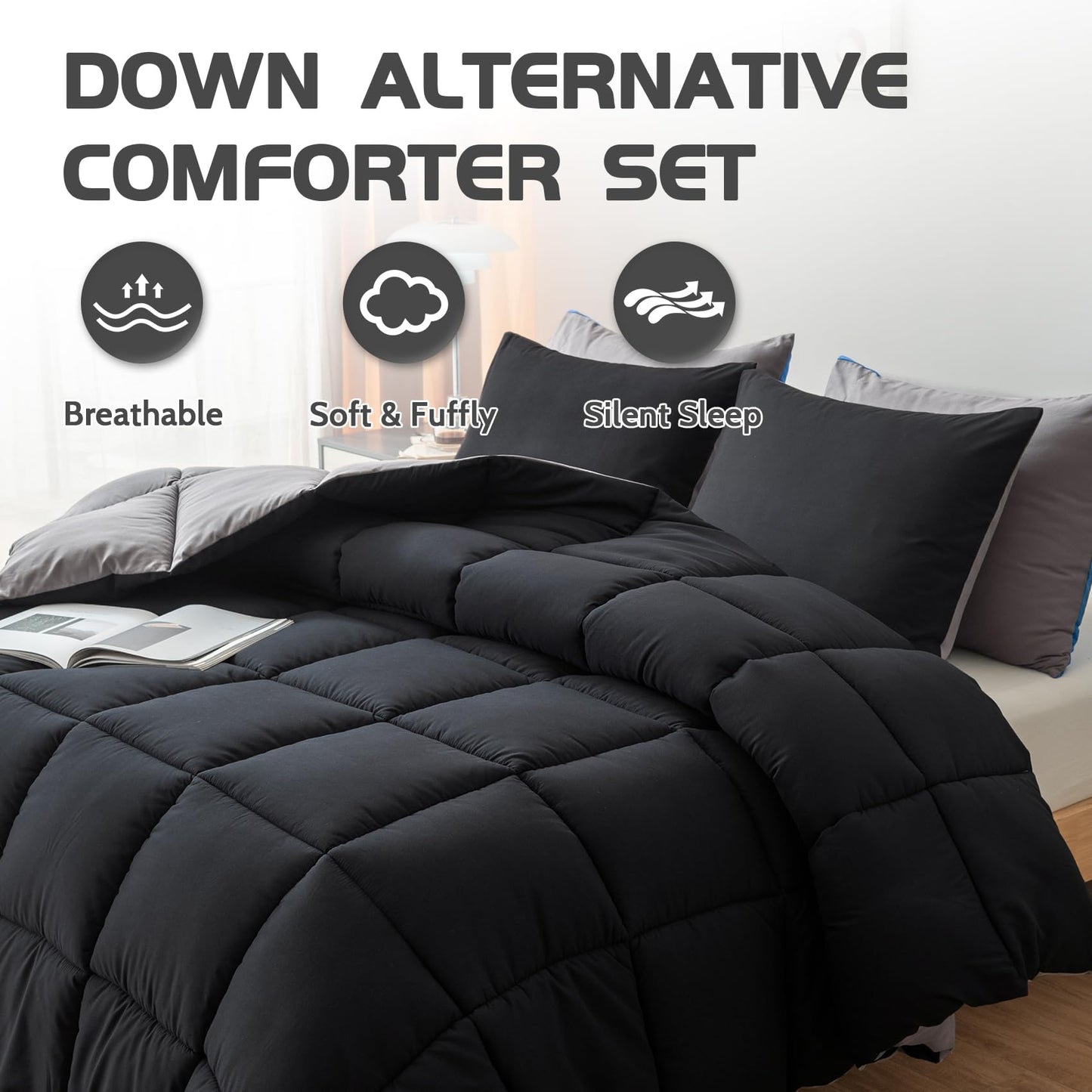 Decroom Lightweight Full Comforter Set with 2 Pillow Sham - 3 Pieces Set - Quilted Down Alternative Comforter/Duvet Insert for All Season - Black/Grey - Full Size