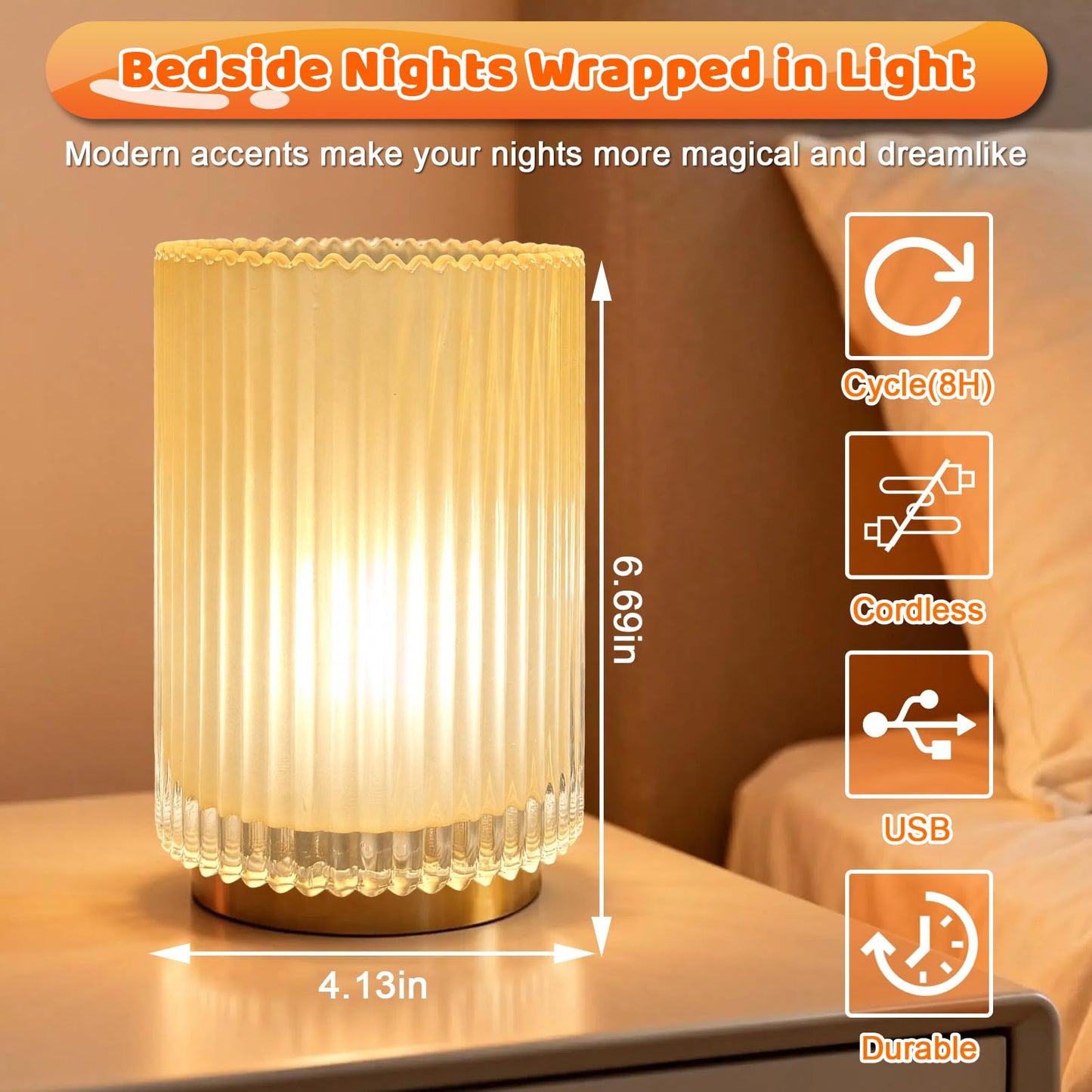 AGJIQ Table Lamp, Wireless Bedside Lamp with Glass Shade E27 Bulb, Decorative Ambiance Bedside Lamp Suitable for Bathroom,Rechargeable Romantic Atmosphere Light with LED Bulb（Matte Amber）