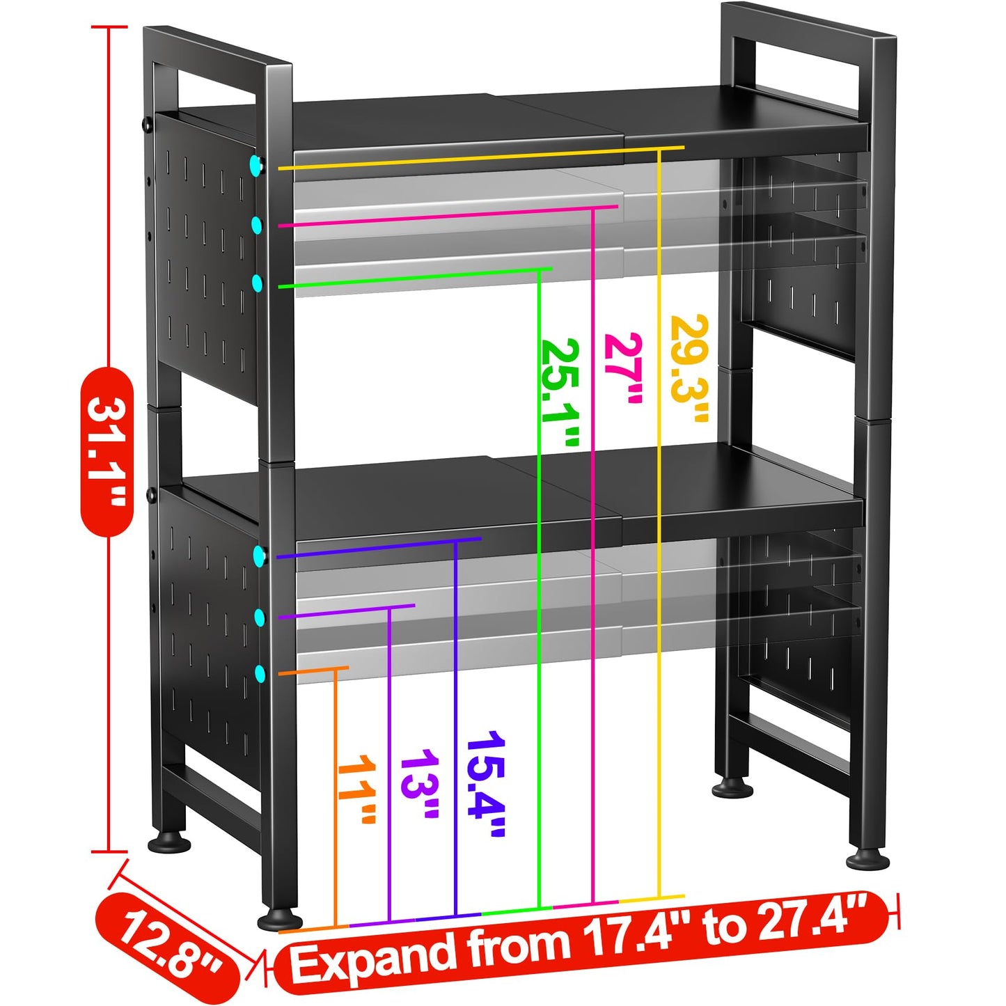 Expandable Microwave Stand,Heavy Duty 3-Tier Adjustable Height Microwave Oven Rack with 9 Hooks, Towel Rack, and Cutting Board Holder, Countertop Kitchen Shelf Organizer, Holds up to 180 lbs, Black