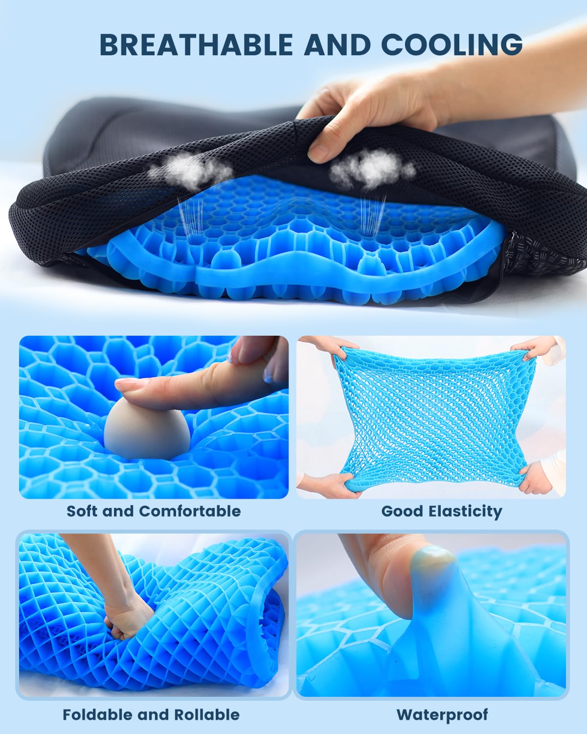 Thickened Gel Seat Cushion, Chair Seat Pads for Wheelchair, Gel Cushion Seat for Pressure Coccyx Sciatica Pain Relief, Egg Cushion for Car Office Chair, Cooling Cushion for Long Sitting[Blue-2.75"]