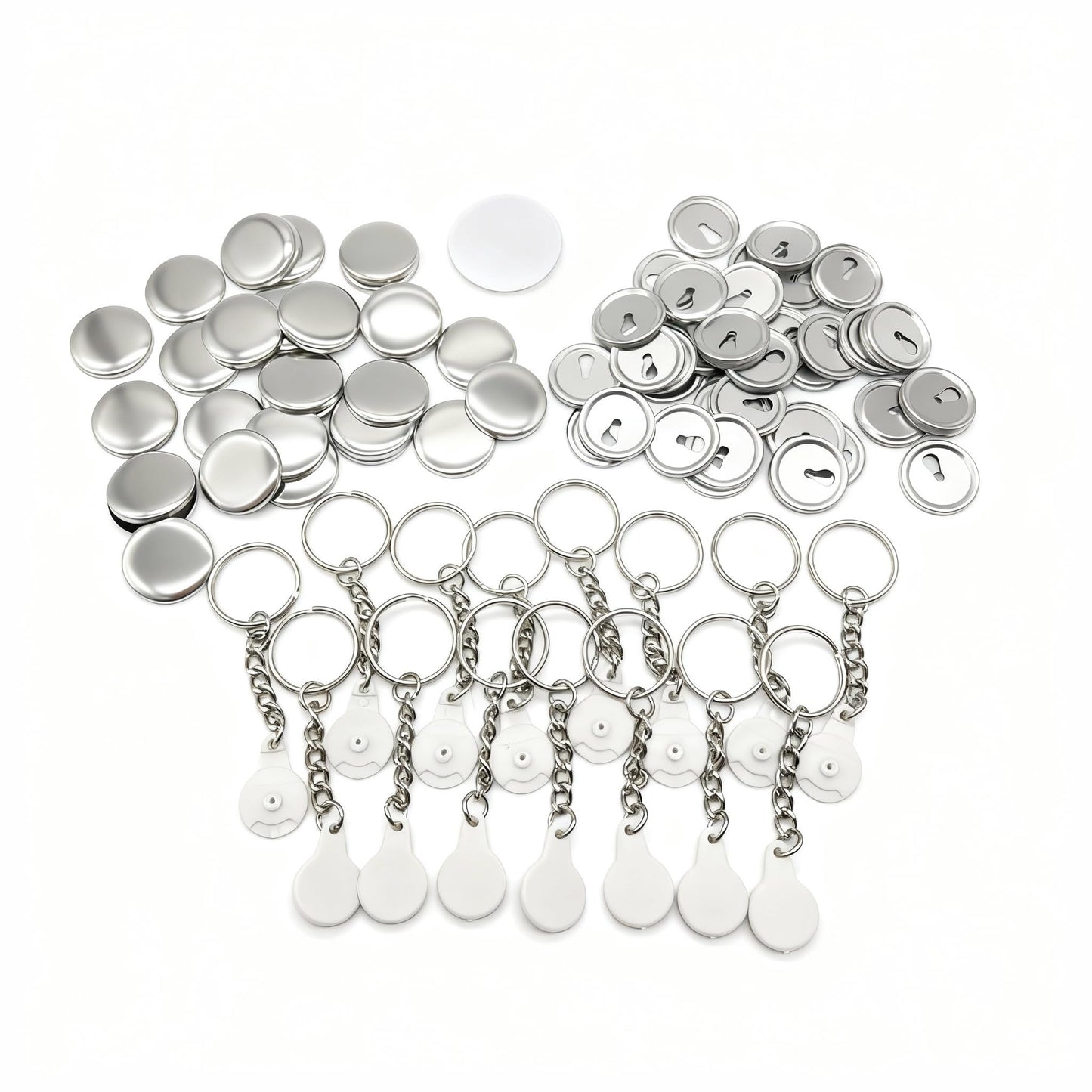 ChiButtons 25mm Versa-Back Keychain Components - Complete Set with Upper Shell, Mylar, Metal Versa Back & Plastic Cover with Keychain (Official Supplies, 100 Sets)