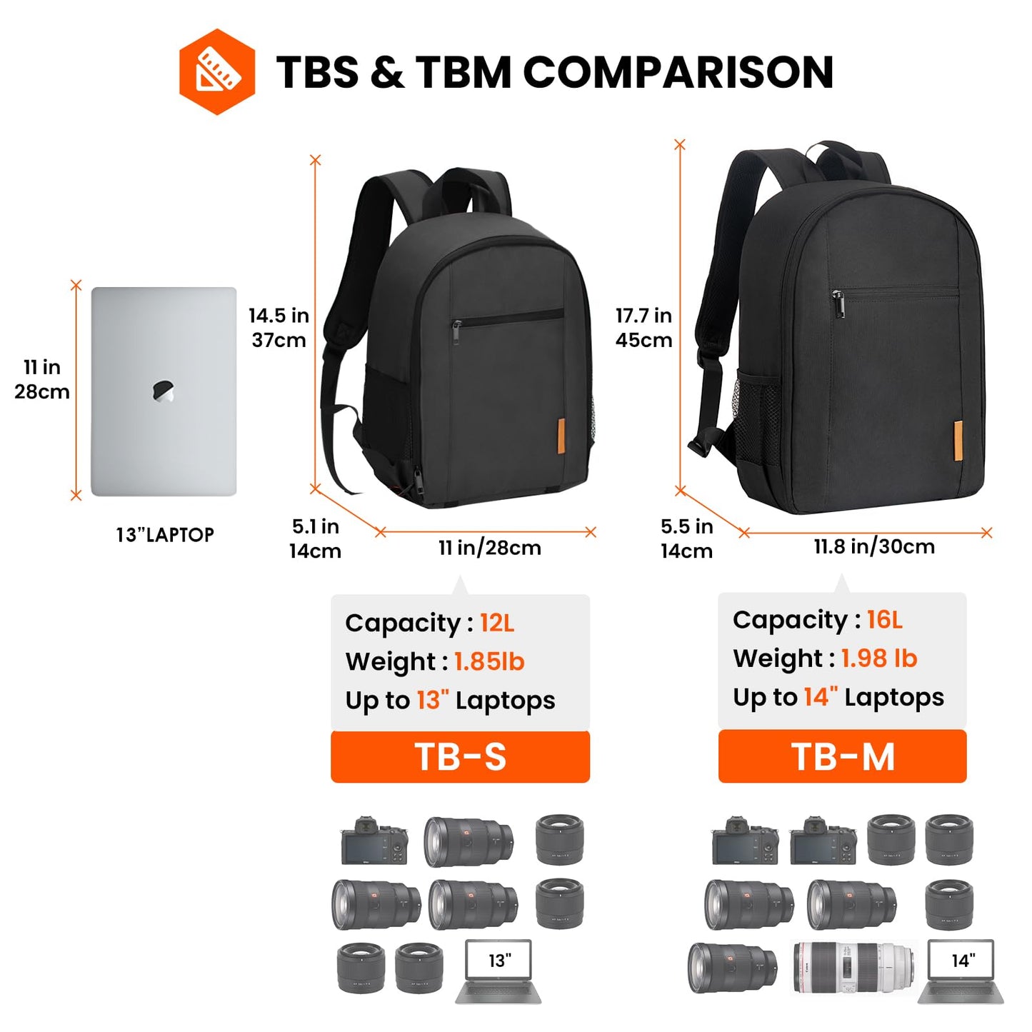 TARION Camera Backpack, Waterproof Photography Case Bag with 14'' Laptop Compartment and Rain Cover for DSLR SLR Camera Lens Flash Accessories, Tb-m-Black, M, Compact