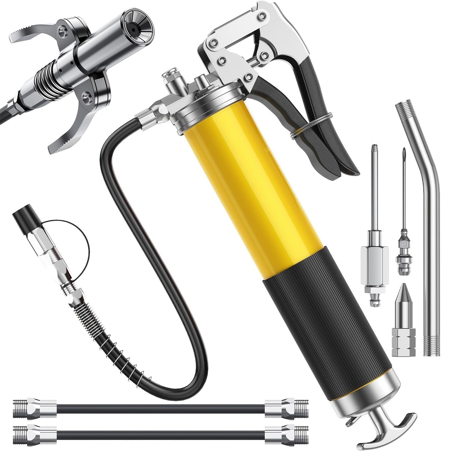 10 Pack 400cc Heavy Duty Yellow Pistol Grip Grease Gun Kit - 14oz, 8000 PSI Manual Grease Gun with Hose, Coupler, Nozzle