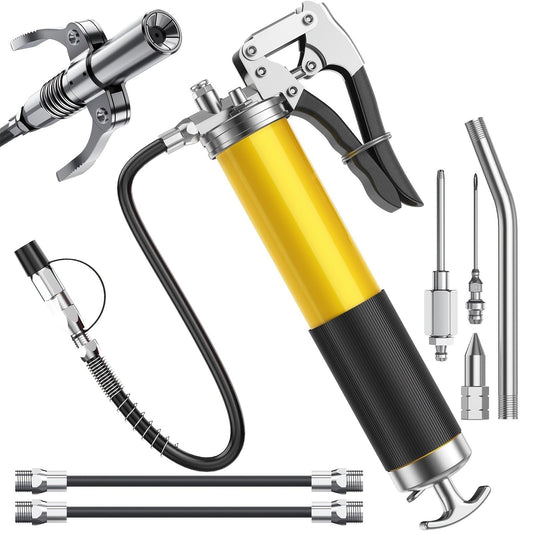 10 Pack 400cc Heavy Duty Yellow Pistol Grip Grease Gun Kit - 14oz, 8000 PSI Manual Grease Gun with Hose, Coupler, Nozzle