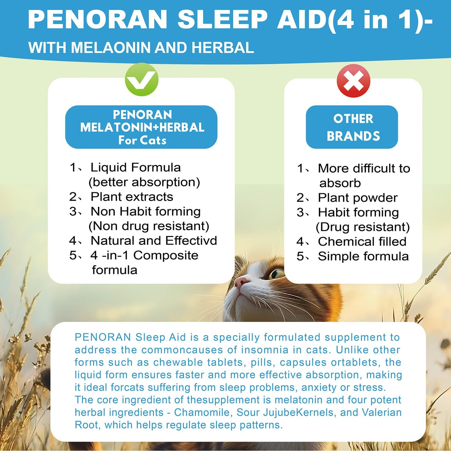 Cat Melatonin & Herbal Blend Drops for Cats, Cat Calming Treats, for Cats Sleep Aid and Sedative for Grooming, Support Restful Sleep, Anxiety Relief - Safe and No Excessive Drowsiness.