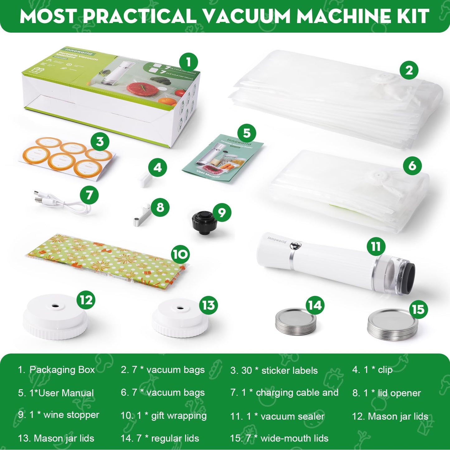 Innoworld 3-in-1 Vacuum Sealer for Food Compatible with Vacuum Bag, Mason Jar, Wine Bottle, Handheld Saver Compact Vacuum Sealer Machine with 14 Reusable Bags, 14 Mason Jar Lids, Wine Stopper