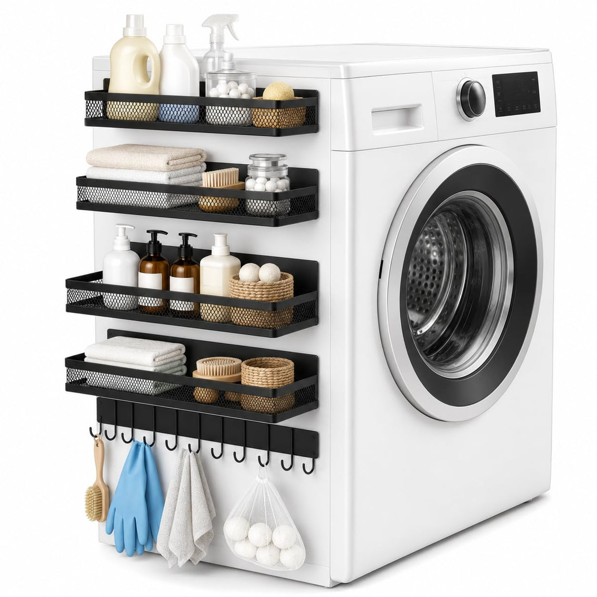 Dewsea Magnetic Shelves for Washing Machine 5 Pack, Multipurpose Metal Storage Baskets with Space-Saving Design, Magnetic Spice Rack & Laundry Organizer for Kitchen, Bathroom & Laundry Room (Black)