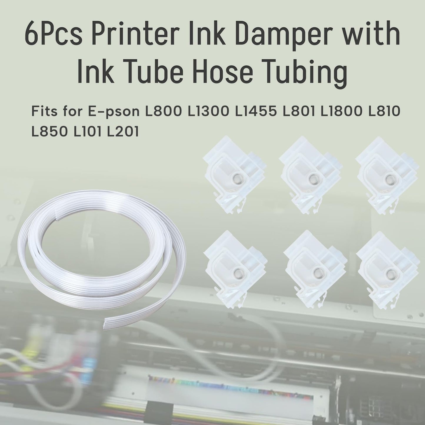 Qiqimingxin 6Pcs Printer Ink Damper with Ink Tube Hose Fits for E-pson Printers L800 L1300 L1455 L801 L1800 L810 L850 L101 L201 Cartridge Parts White PP Material