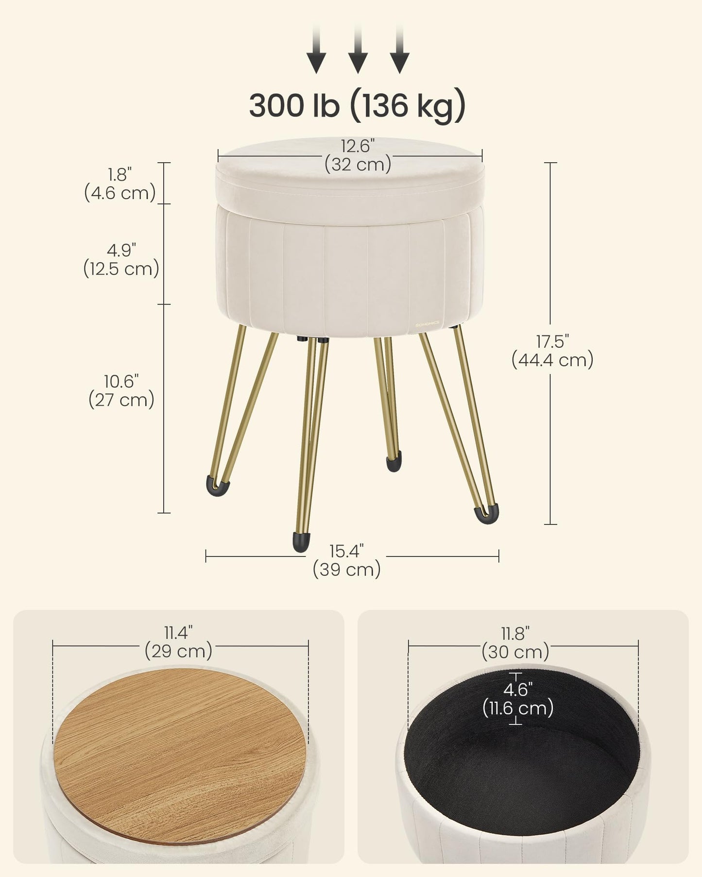 SONGMICS Vanity Stool Chair, Small Ottoman Stool with Storage, Velvet Makeup Stool, 15.4 Dia. x 17.5 H Inches, Cream White ULOM003W01