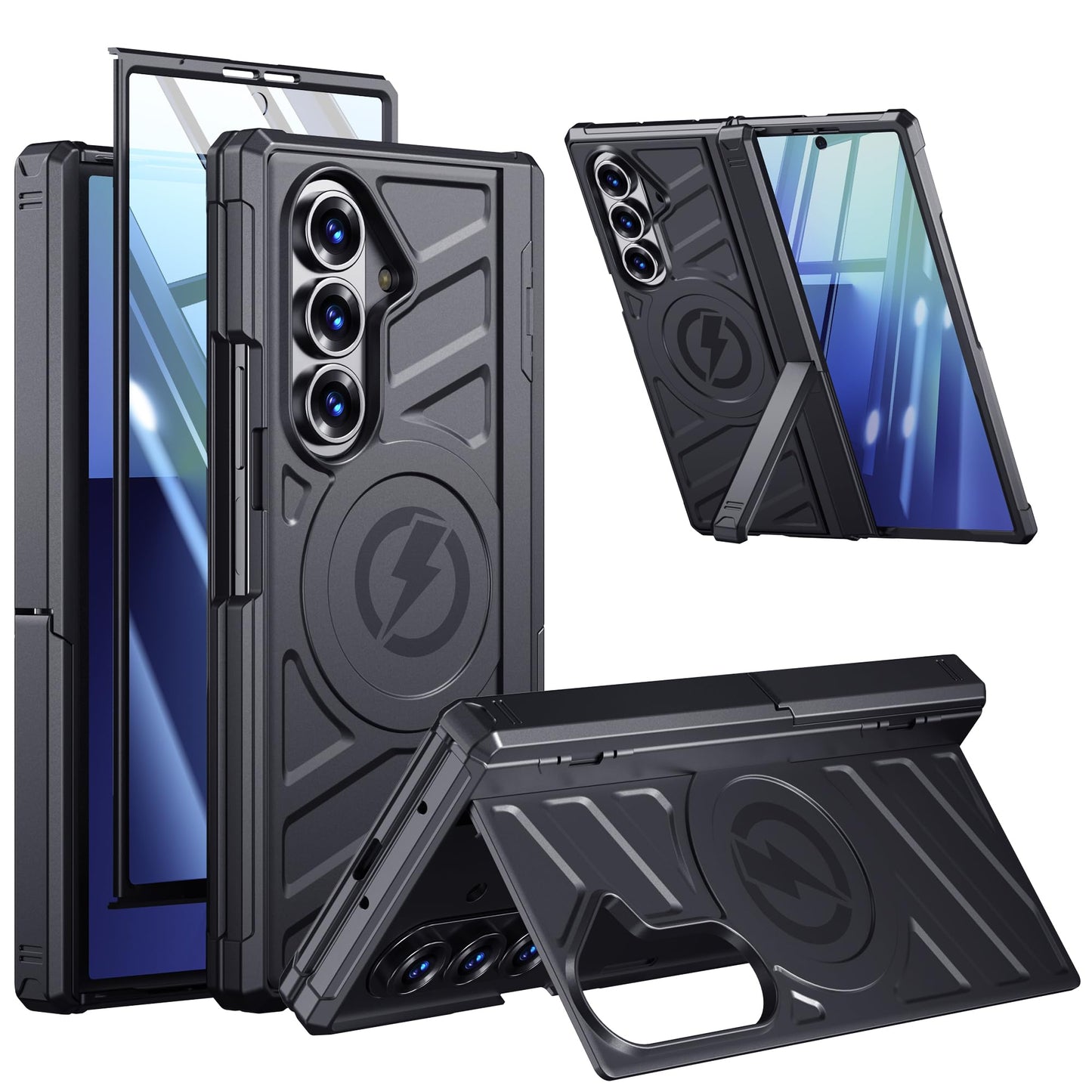 Armor Magnetic for Samsung Galaxy Z-Fold-7 Case: Dual Stand Horizontal & Vertical, Glass Screen Protector, Hinge Protection, Fit for MagSafe Wireless Charging, Shockproof Magnet Phone Cover, Black