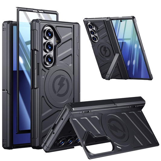 Armor Magnetic for Samsung Galaxy Z-Fold-7 Case: Dual Stand Horizontal & Vertical, Glass Screen Protector, Hinge Protection, Fit for MagSafe Wireless Charging, Shockproof Magnet Phone Cover, Black