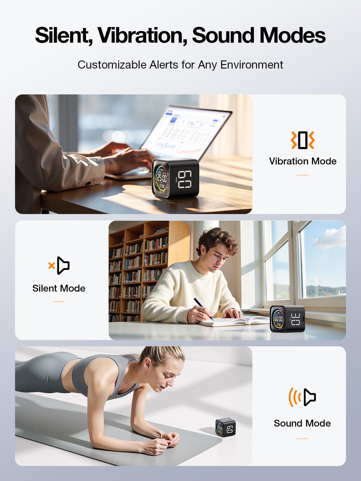 Ticktime TK3 Pomodoro Timer Cube, Desk Productivity Timer with 5/10/30/60 Min Presets, Custom Countdown, Stopwatch, Clock, 3 Alarm, Silent, Vibrate & Sound Alert, for Task, ADHD, Study, Kitchen, Black
