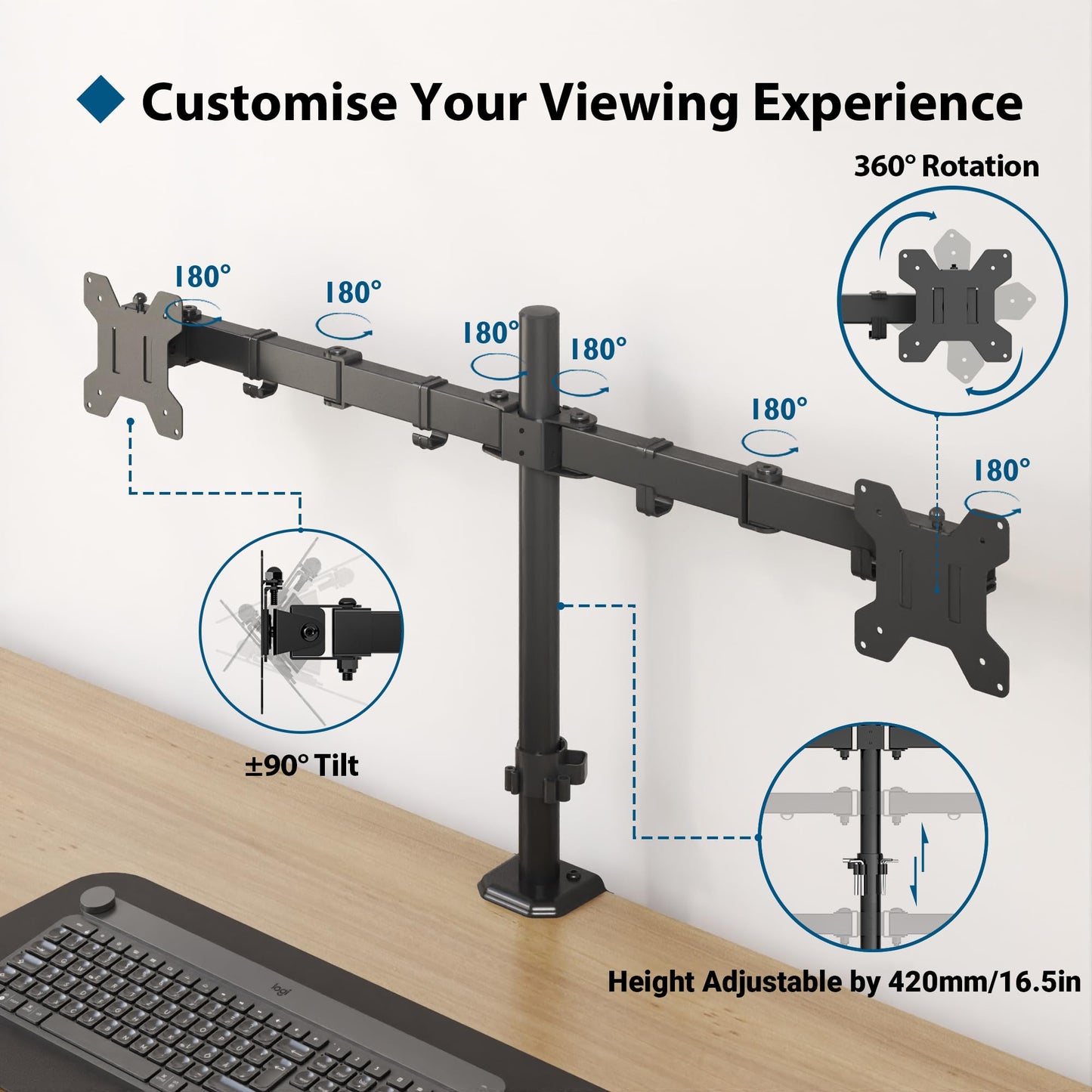 BONTEC Dual Monitor Arm for 13-32 inch LCD LED PC Screens, Height Adjustable 360° Rotation, 90° Tilt and Swivel, 22 lb per Arm, Desk Clamp or Grommet Mount, Cable Management,Black