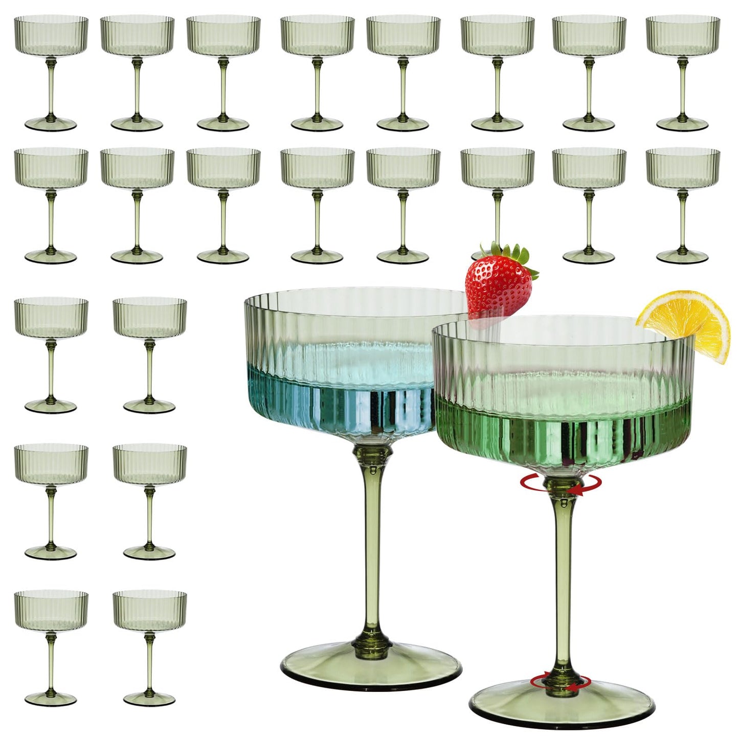 CALBODE 24Pcs Plastic Martini Glasses with Detachable Stems, 10oz Plasitc Ribbed Coupe Glasses Green Vintage Cocktail Glassware Set Toasting Glasses for Party Wedding Anniversary