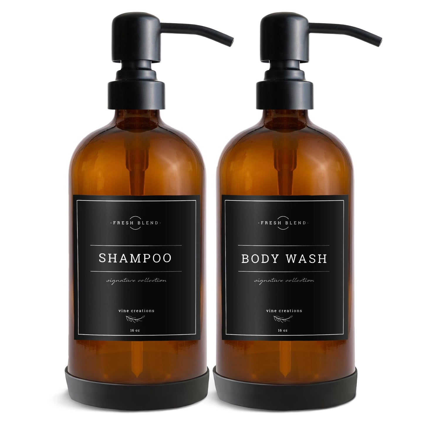 Vine Creations Amber Glass Soap Dispenser, 2 Pack Kitchen Soap Dispenser Set with Stainless Steel Pump, 16 oz Dish Soap and Hand Soap Dispensers for Bathroom with Waterproof Labels