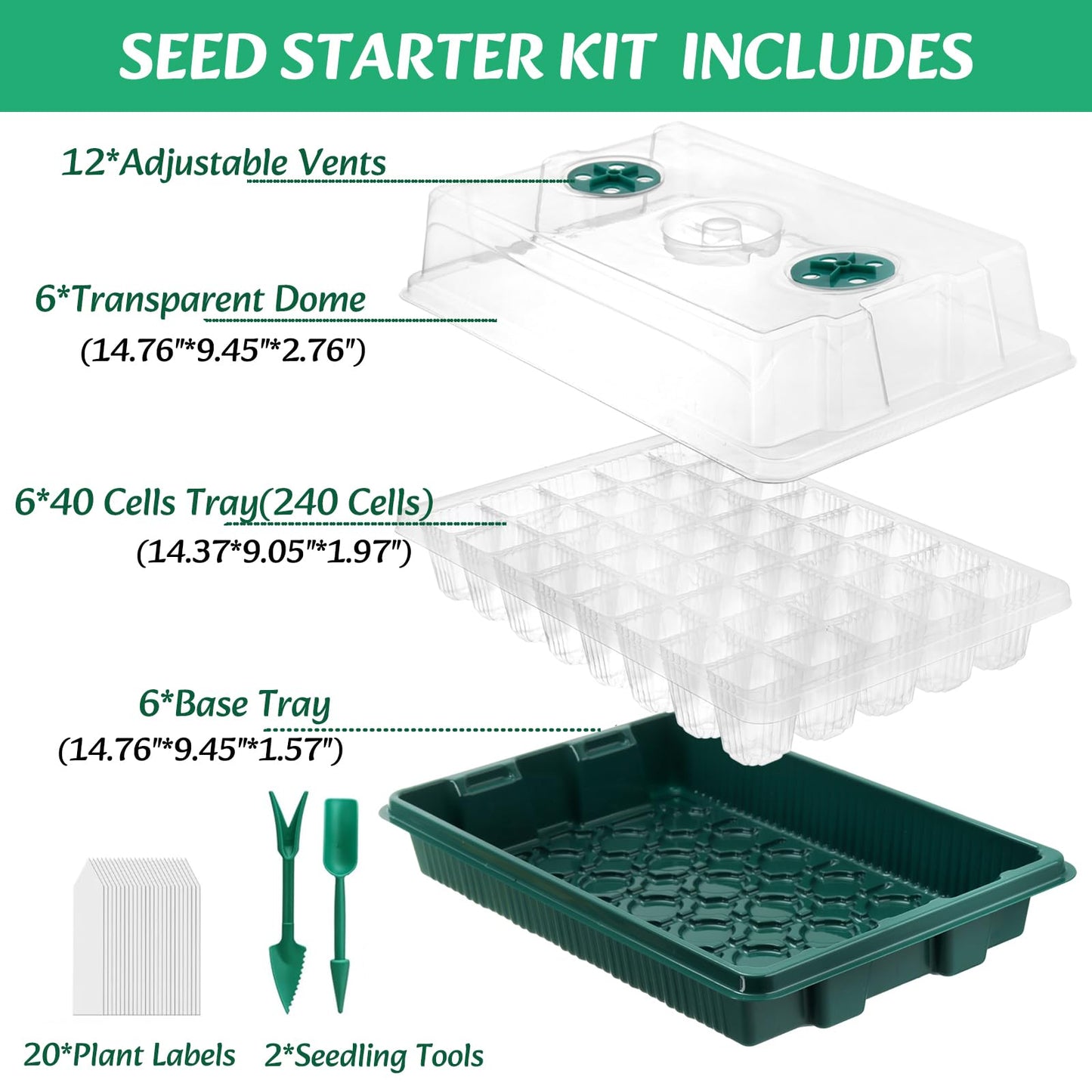 YOUEON 6 Pcs Green Seed Starter Tray with Dome and Base, 240 Cells Total Tray, Plant Germination Trays, Seed Starter Kit