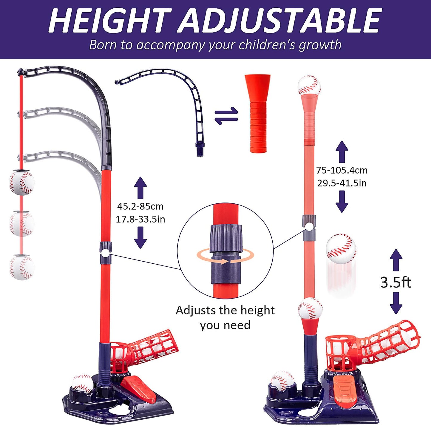 3-in-1 Tee Ball Set for Kids, Height Adjustable Baseball Set with Auto Pitching Machine/T Ball Stand/Hanging Tee/Retractable Bat/6 Softballs, Indoor Outdoor Sports Toys for Boys Girls