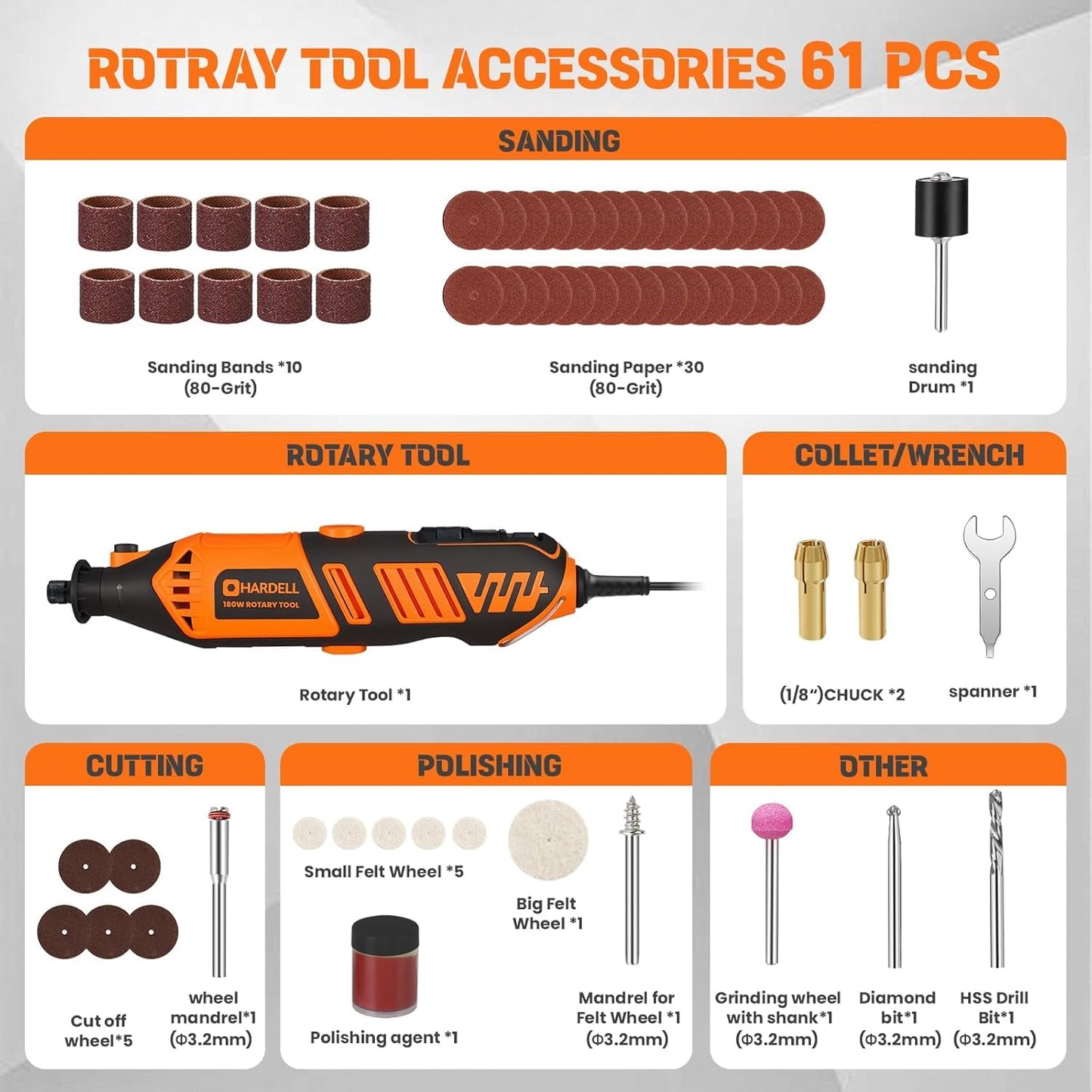 HARDELL Rotary Tool Kit - 180W Corded Power Rotary Tool 6 Variable Speeds with 61 Accessories, 8000-35000RPM, for Sanding, Polishing, Cutting, Engraving,Carving, DIY Crafts