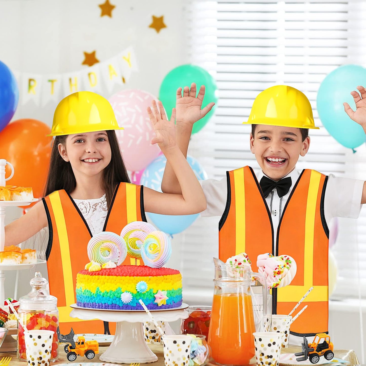 58Pcs Kids Construction Worker Costume, Includes Orange Safety Vest Bulk Worker Hats Tote Bags Construction Vehicles Stickers