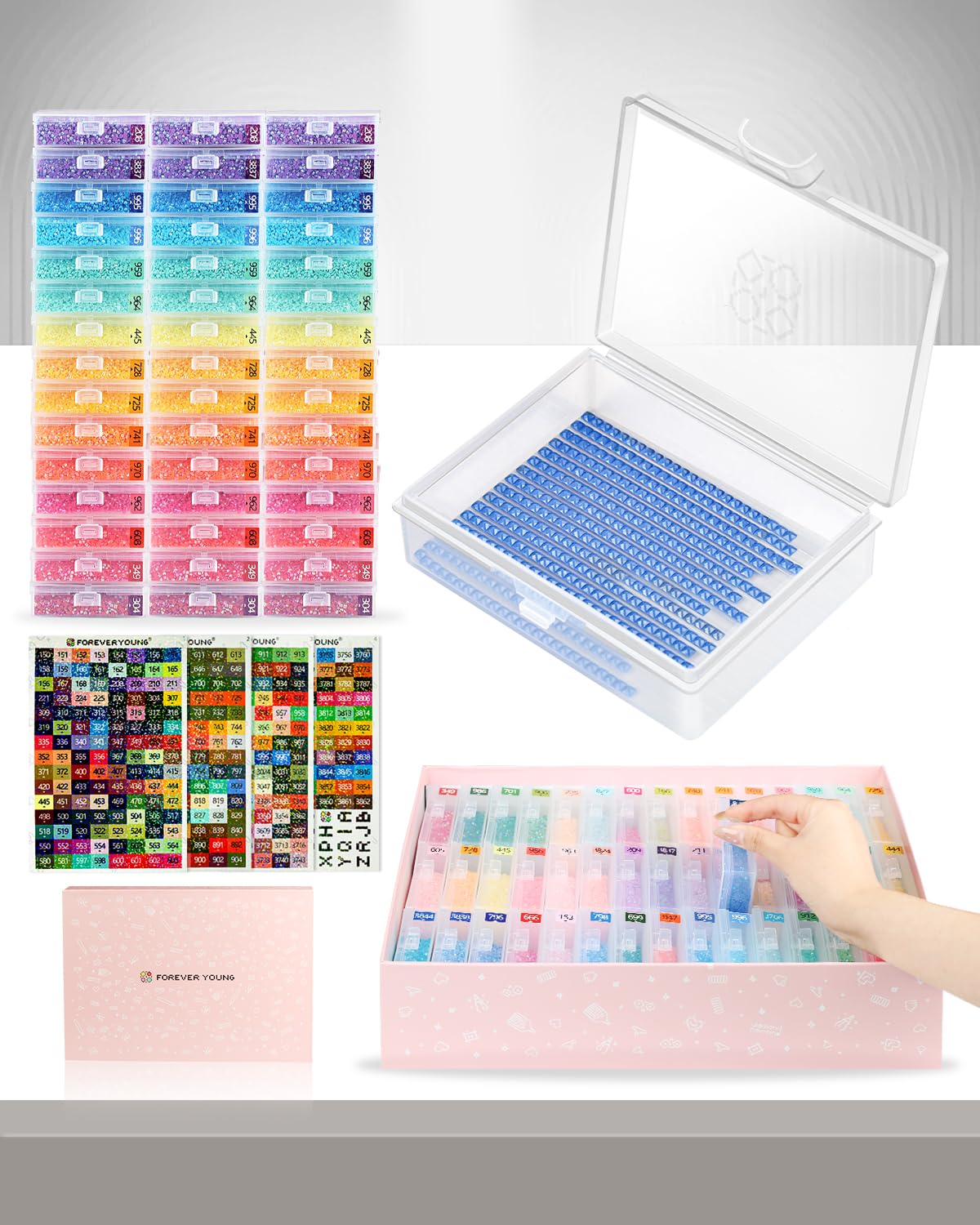 Forever Young 45pcs Diamond Painting Storage Containers Trays with Lids, 2-in-1 Diamond Art Storage & Trays, Bead Storage & Line-Up, Box Package