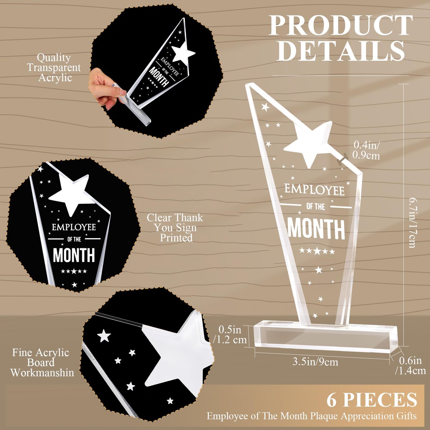 Roowest 6 Pcs Employee of The Month Plaque Trophy Employee Month Appreciation Award Gifts Bulk Coworker Acrylic Trophy Reward Sign Keepsake for Teacher Nurse Colleague Staff Volunteer Team Office