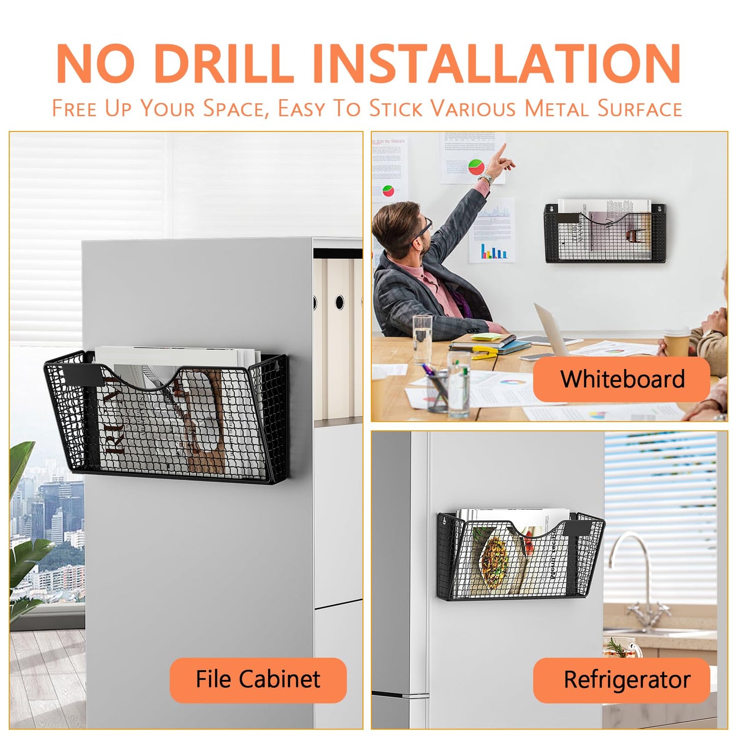 MFTEK Magnetic File Holder, 4 Pockets Magnetic File Folder Holder No Drilling Magnet Paper Mail Organizer Magazine Basket, Hanging Wall Storage Rack for Fridge Cabinets Office Classroom
