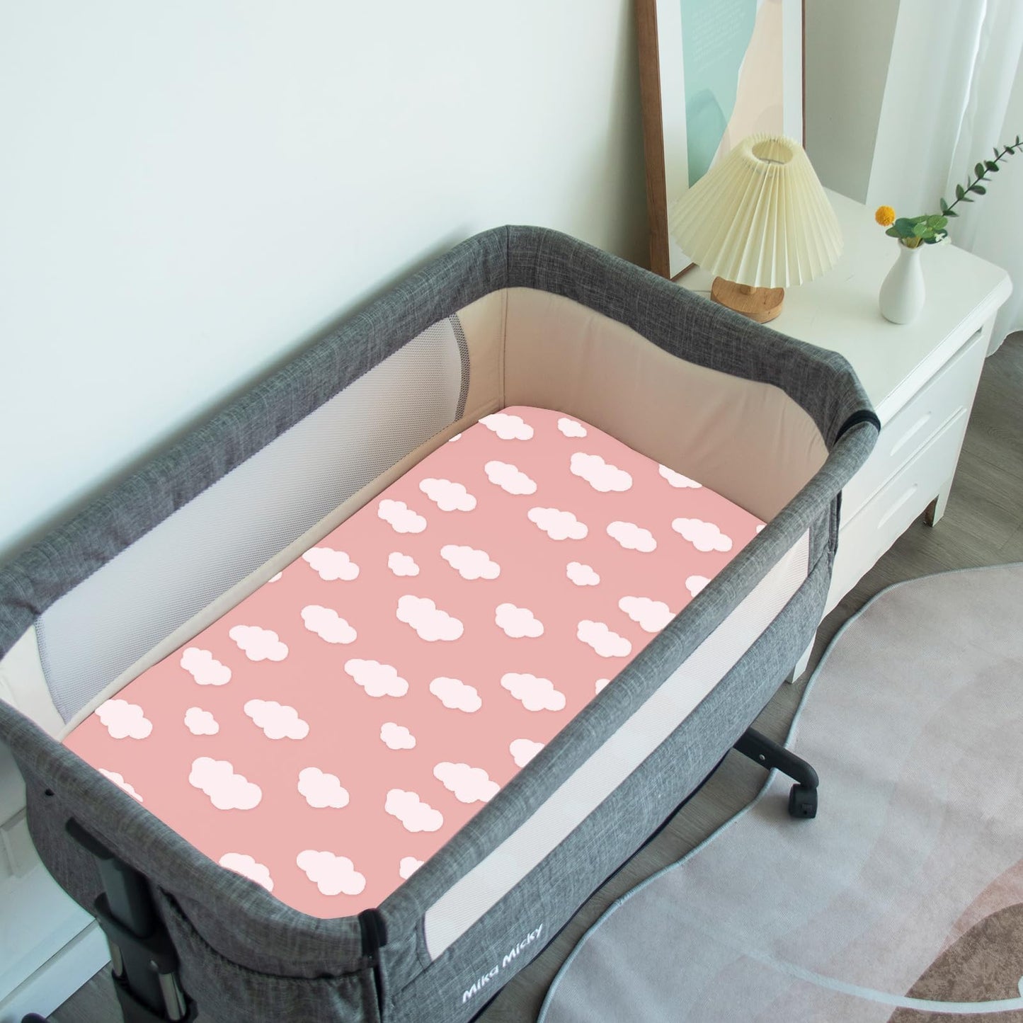 Bassinet Sheet(33" x 20"), 4 Pack for Most Bedside Sleeper Bassinet, Bassinet Fitted Sheets, Breathable & Soft Microfiber, Grey/Pink