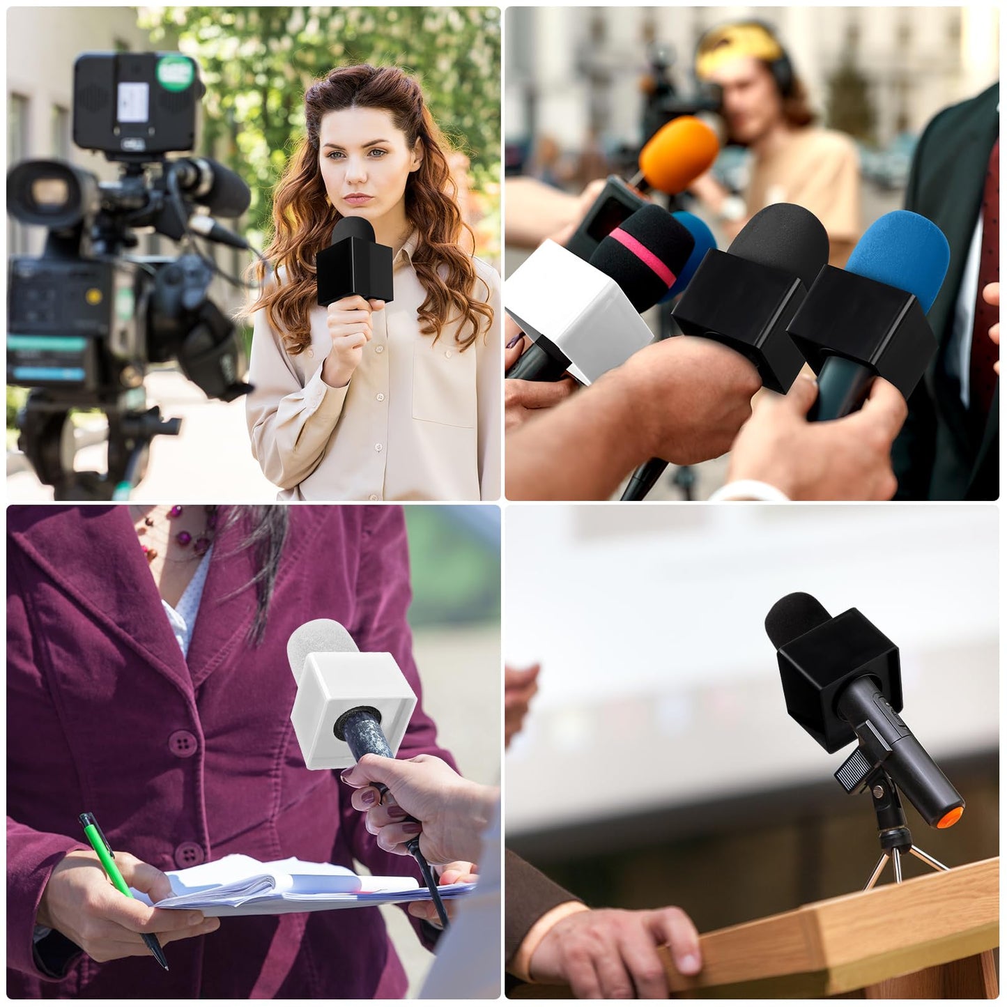 10 Pcs Microphone Flag Station Portable Square Cube ABS Foam Mic Flag Logo Studio Equipment Microphone Accessories for Reporter Host Interview (White, Black)
