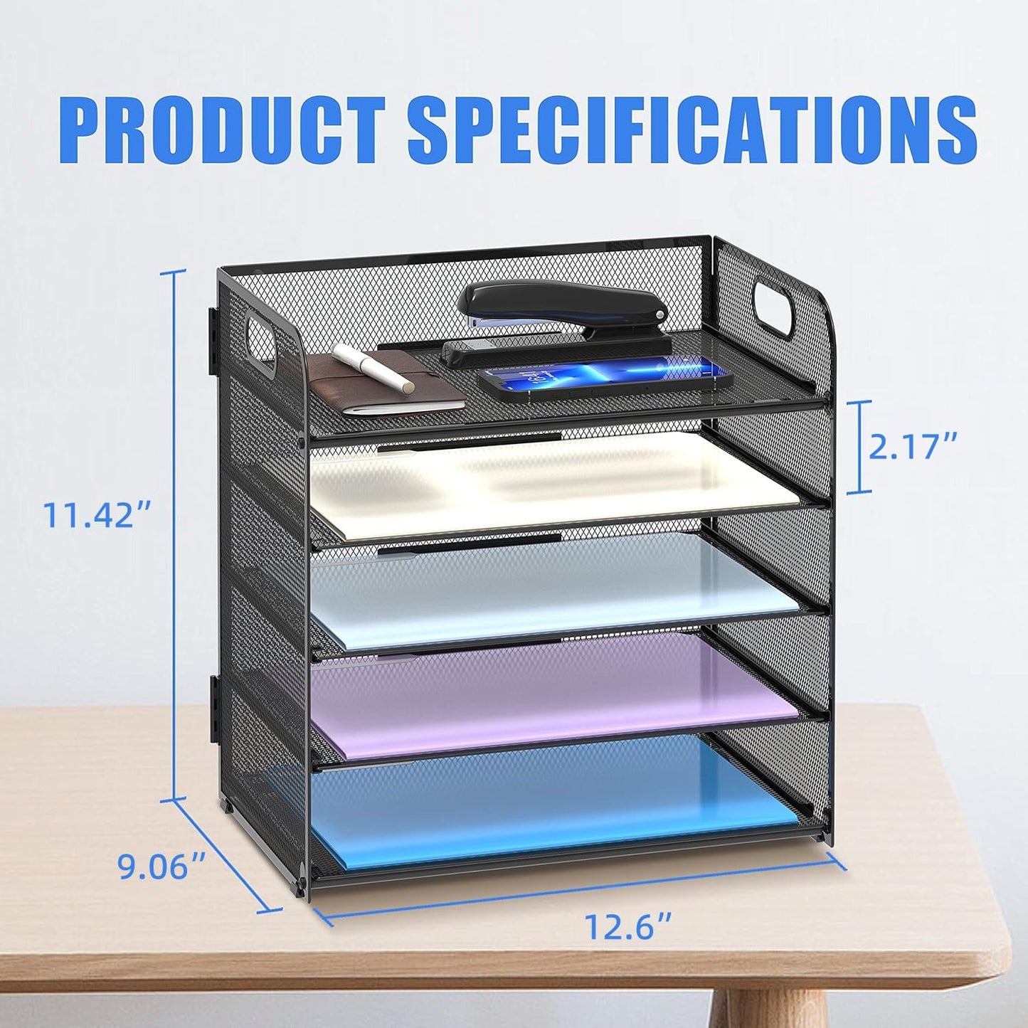 Supeasy 5 Trays Paper Organizer Letter Tray with Handle-Mesh Desk File Organizer, Paper Sorter for Office, Home or School, Black