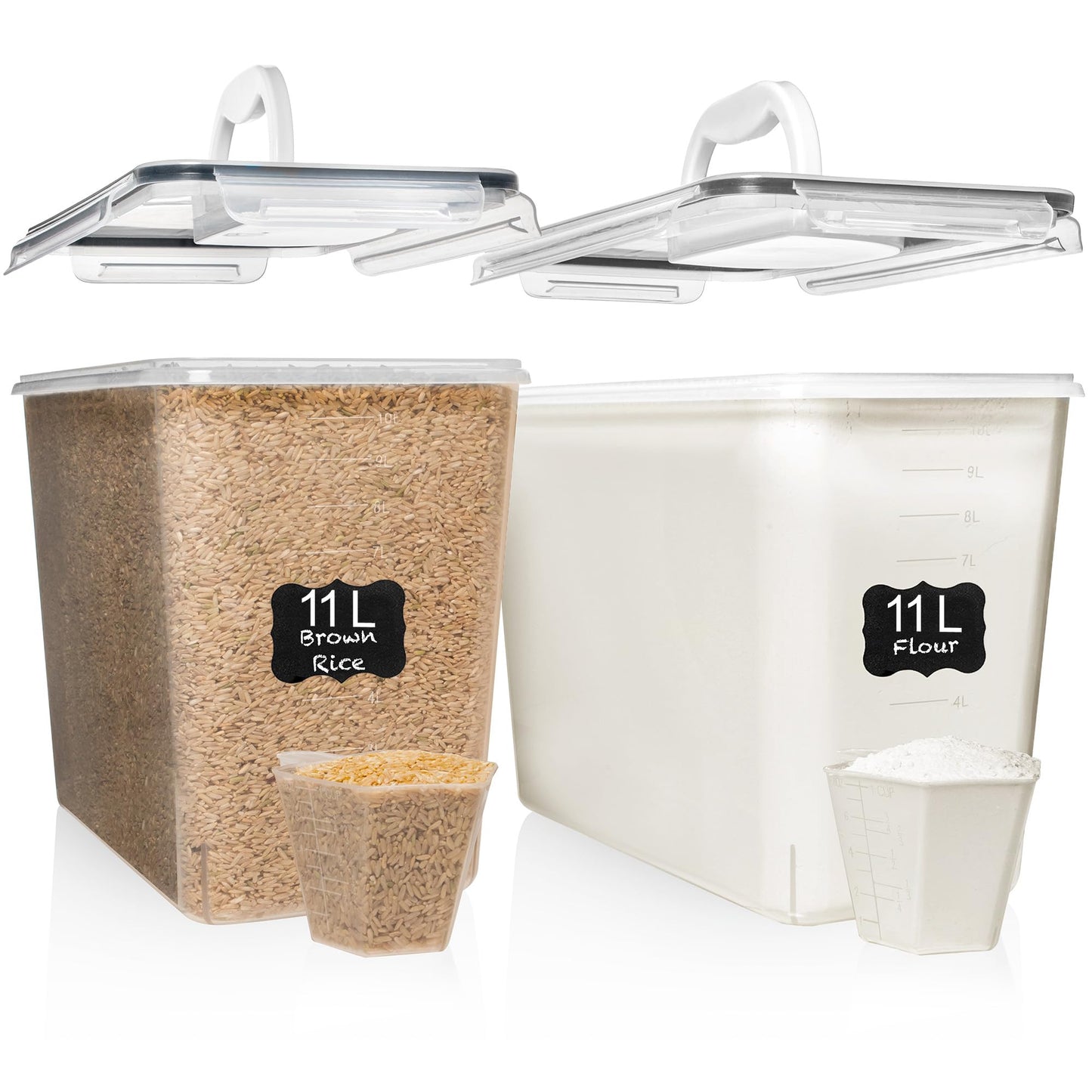 Shazo 2 PC (11L | 372 oz) Flour Sugar Storage Containers with Easy Carry Handle - Plastic Extra Large Food Storage Containers with Lids, BPA Free Airtight Kitchen Canister Set for Rice, Cereal & Pasta
