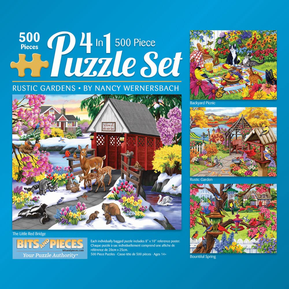 Bits and Pieces - 500 Piece Jigsaw Puzzle 4-in-1 Multi-Pack for Adults Each Puzzle Measures 16" x 20" (45.7cm x 60.9cm) - 500 pc Rustic Garden - Full Color Posters Jigsaws by Artist Nancy Wernersback