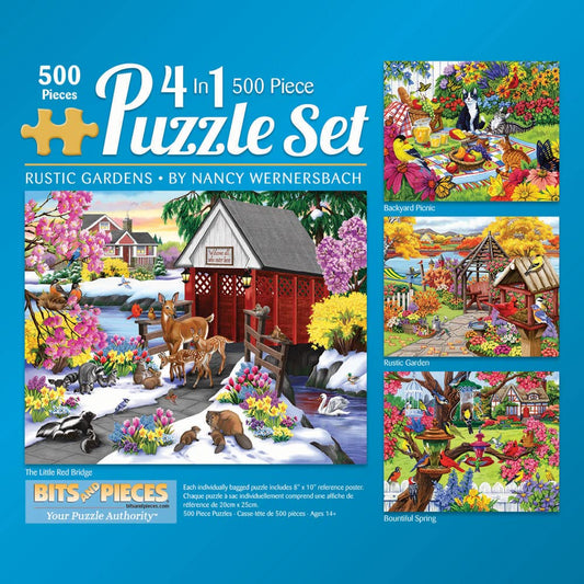 Bits and Pieces - 500 Piece Jigsaw Puzzle 4-in-1 Multi-Pack for Adults Each Puzzle Measures 16" x 20" (45.7cm x 60.9cm) - 500 pc Rustic Garden - Full Color Posters Jigsaws by Artist Nancy Wernersback