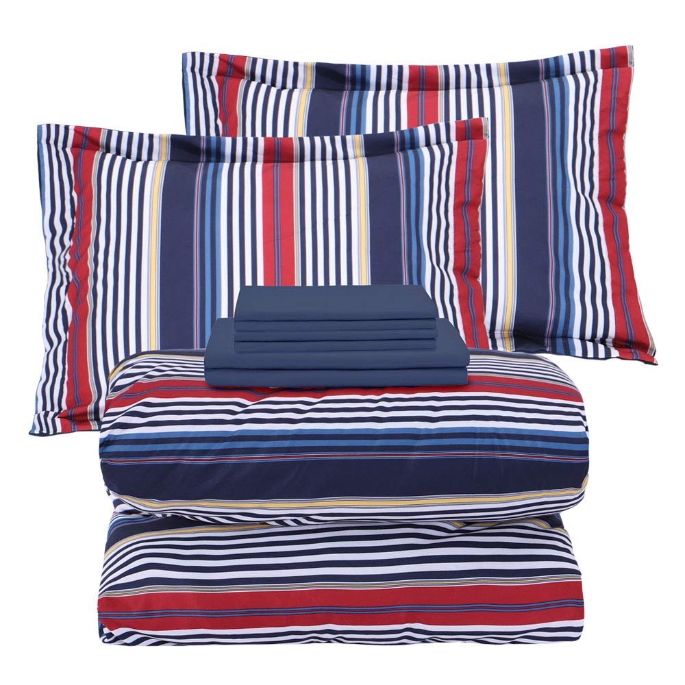 EMME Queen Bed in A Bag 7-Piece Bedding Comforter Set, Brushed Microfiber Down Alternative Comforter, Soft and Comfortable Stripe Bed Set (Full/Queen, Navy & Red Stripe)