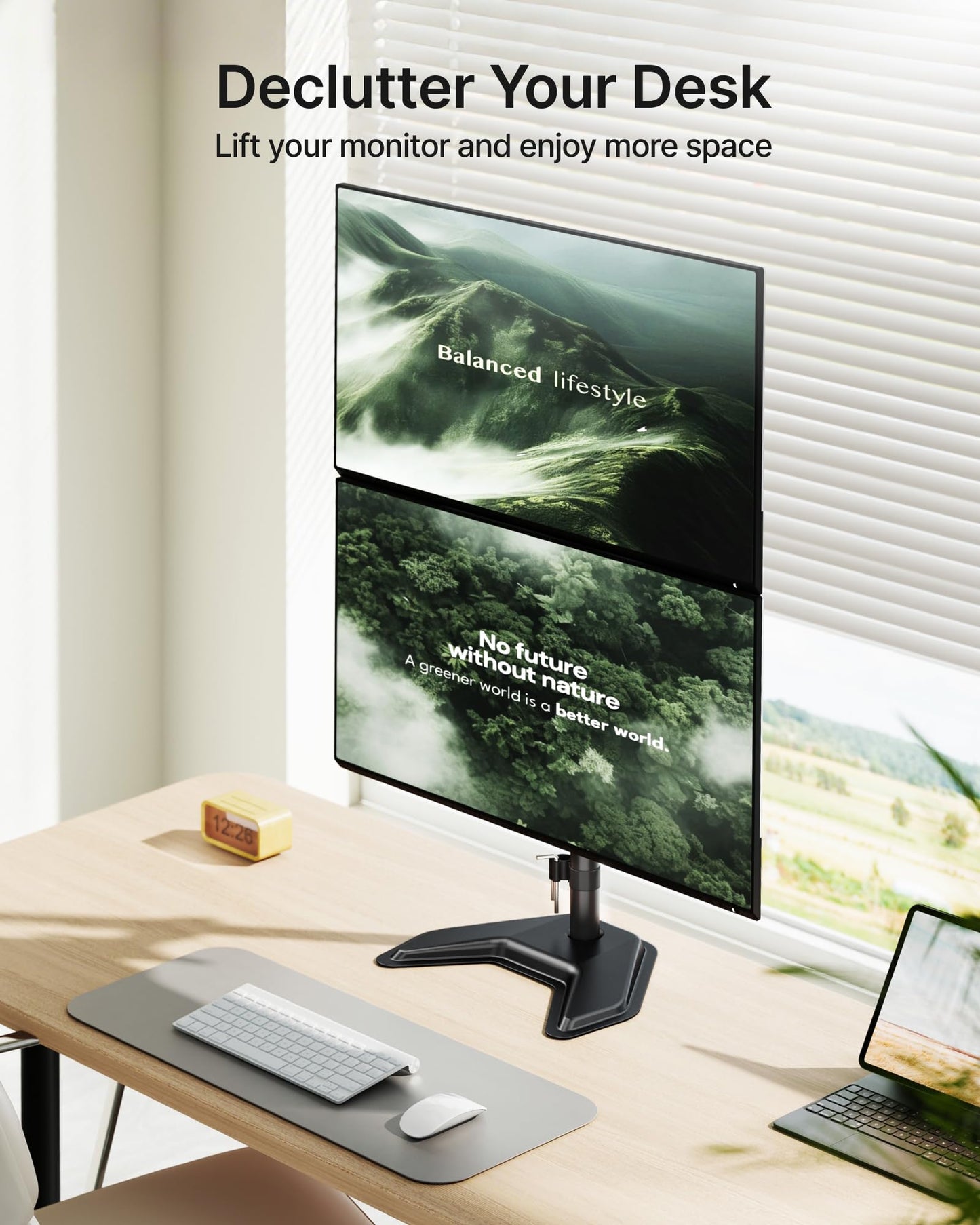 monTEK Stable Stacked Dual Monitor Stand, Heavy-Duty Vertical Monitor Mount for 17-32 inch Screen, Full Motion Arm with Tilt, Swivel, Rotation, Up to 22 lbs per Arm, Solid V-Shaped Base, VESA 100×100