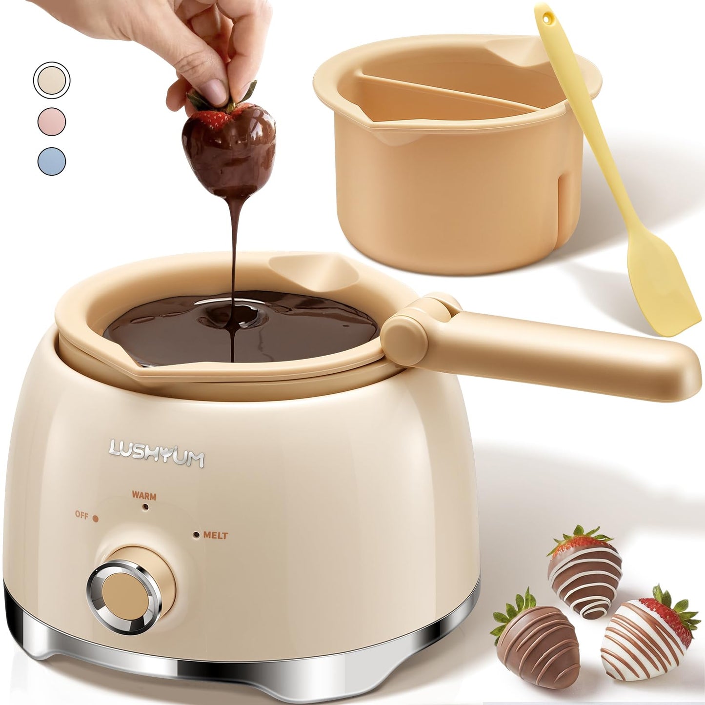 LUSHYUM Chocolate Melting Pot Candy Melts Melter with 2 Insert Pots and Spatula, 4 Cups Capacity Warmer Machine, Ideal Dipping Tool Kitchen Supplies for Making Cake Pop Covered Strawberries Fontain